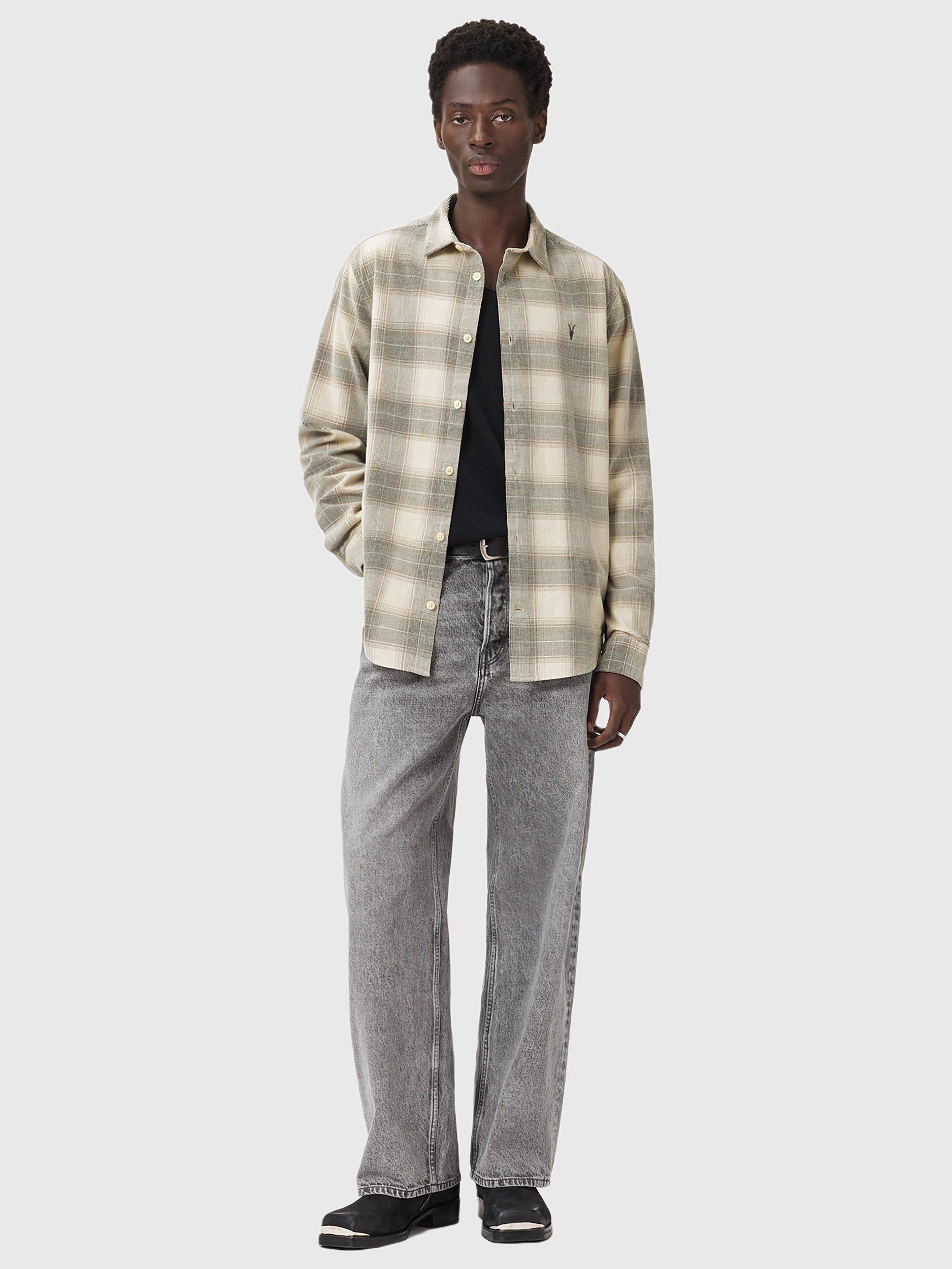 Product image 3 of 9, which shows AllSaints Yuki Check Cotton Shirt, Sandshell Taupe, L