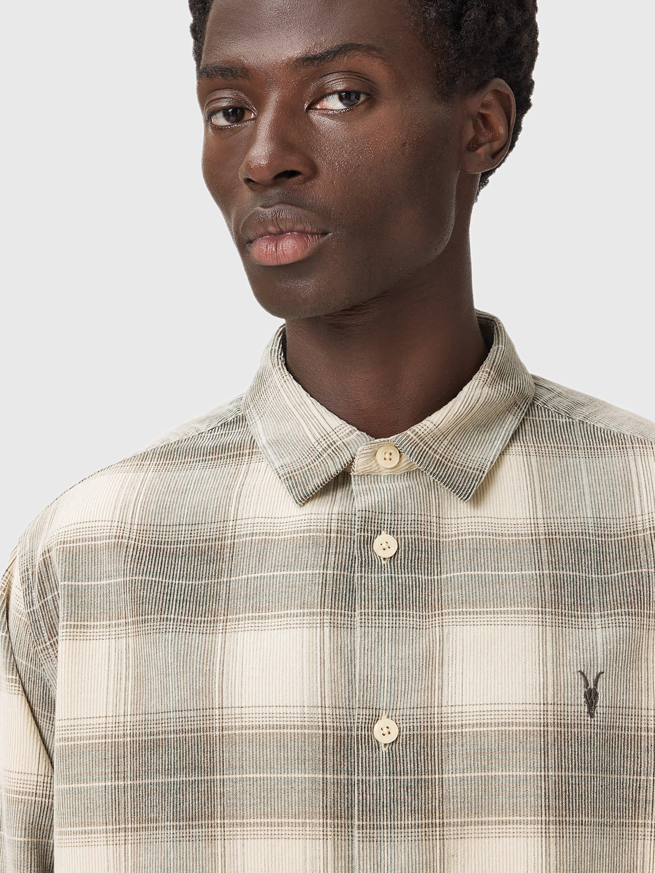 Product image 5 of 9, which shows AllSaints Yuki Check Cotton Shirt, Sandshell Taupe, L