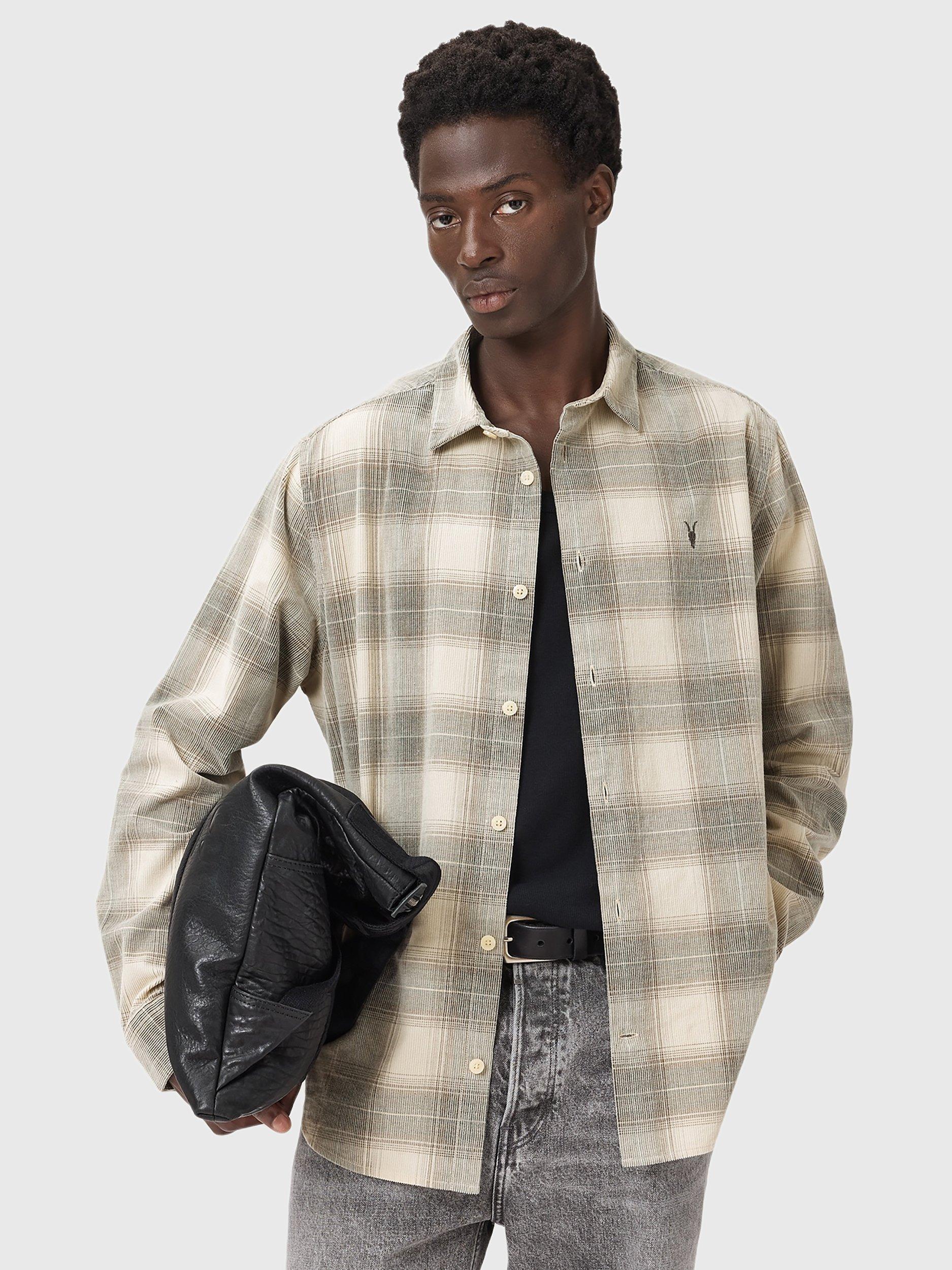 Product image 6 of 9, which shows AllSaints Yuki Check Cotton Shirt, Sandshell Taupe, L