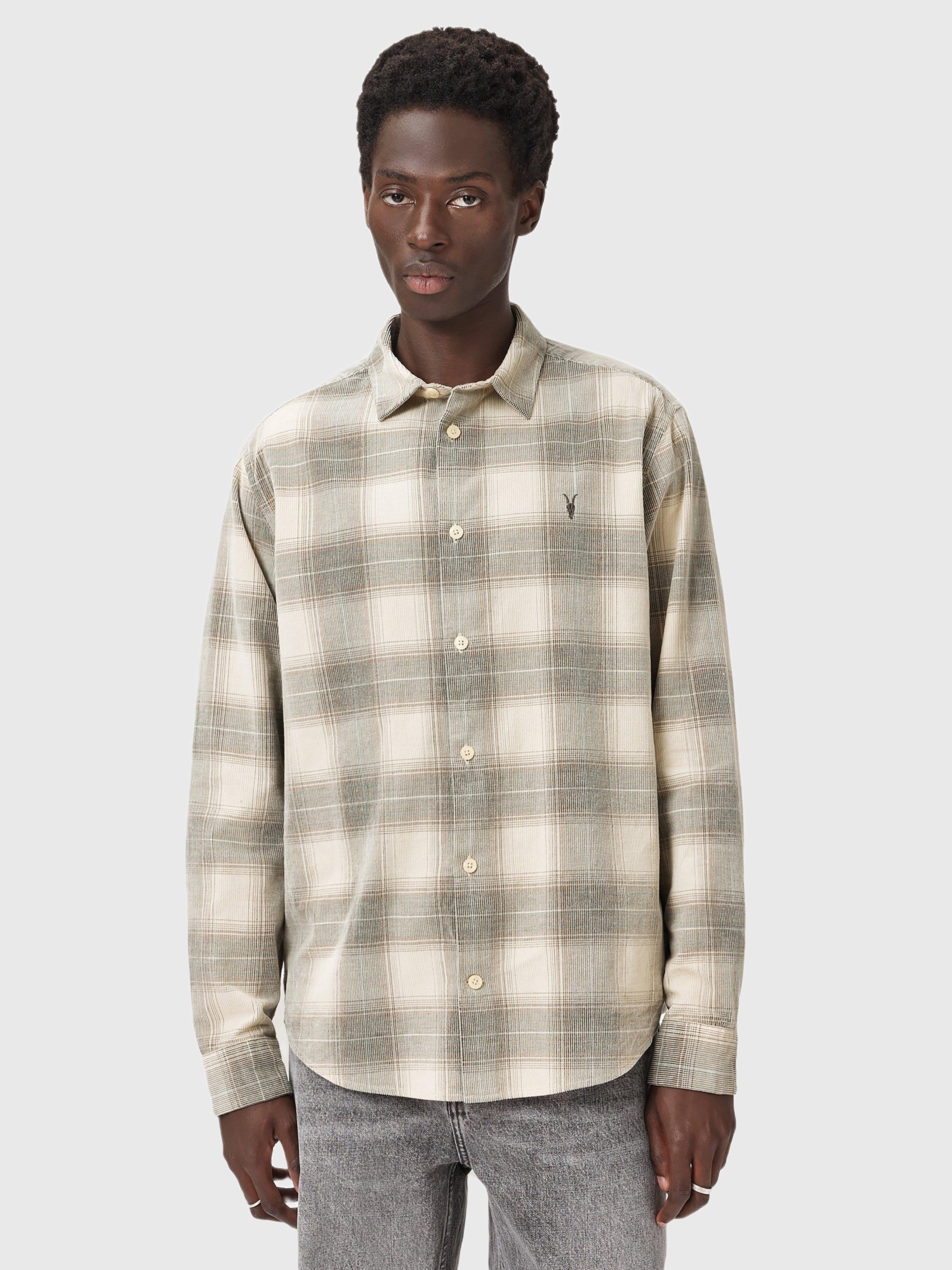 Product image 7 of 9, which shows AllSaints Yuki Check Cotton Shirt, Sandshell Taupe, L