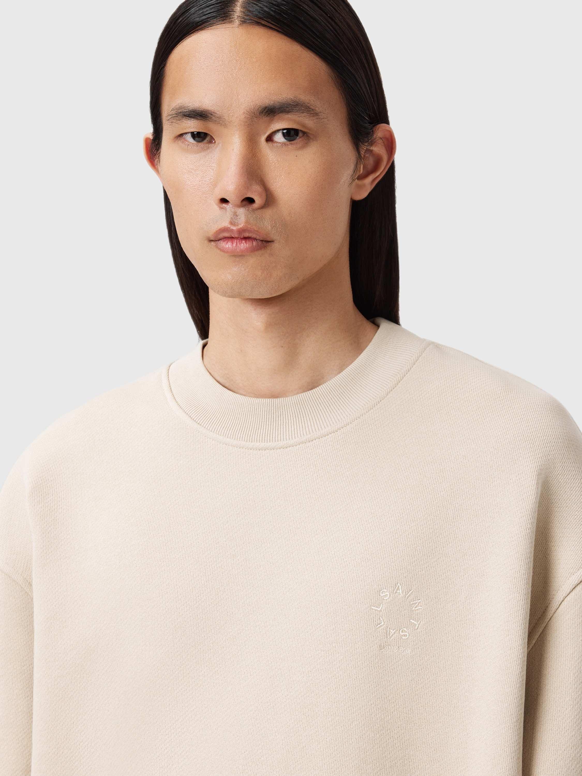 Product image 5 of 8, which shows AllSaints Haven Cotton Crew Neck Sweatshirt, Feather Taupe, XS