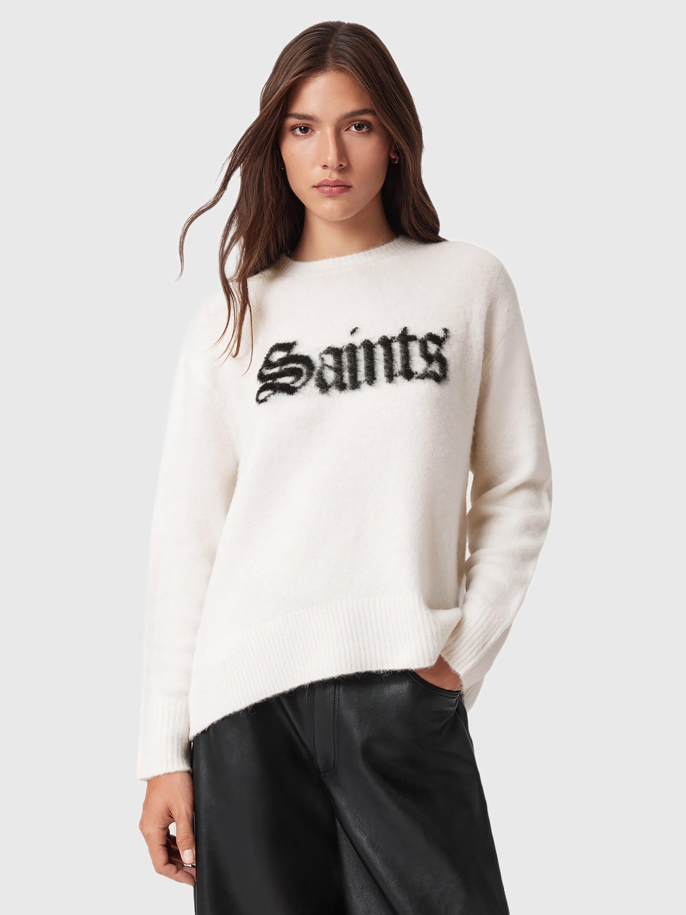 Product image 1 of 8, which shows AllSaints Wool Blend Crew Neck Long Sleeve Jumper, Chalk White/Black, L