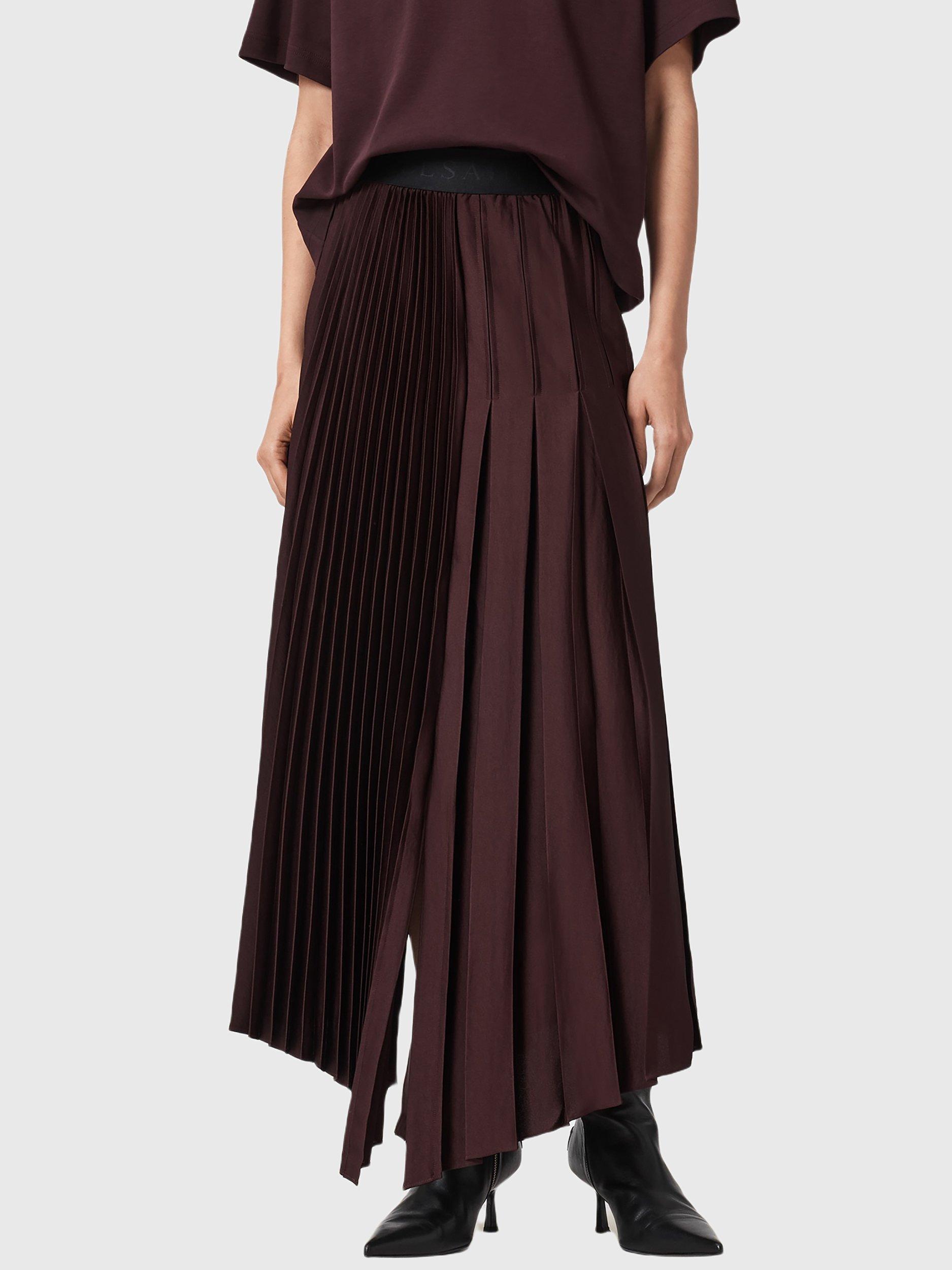 Product image 1 of 6, which shows AllSaints Jax Pleated Maxi Skirt, Oxblood Red, 10