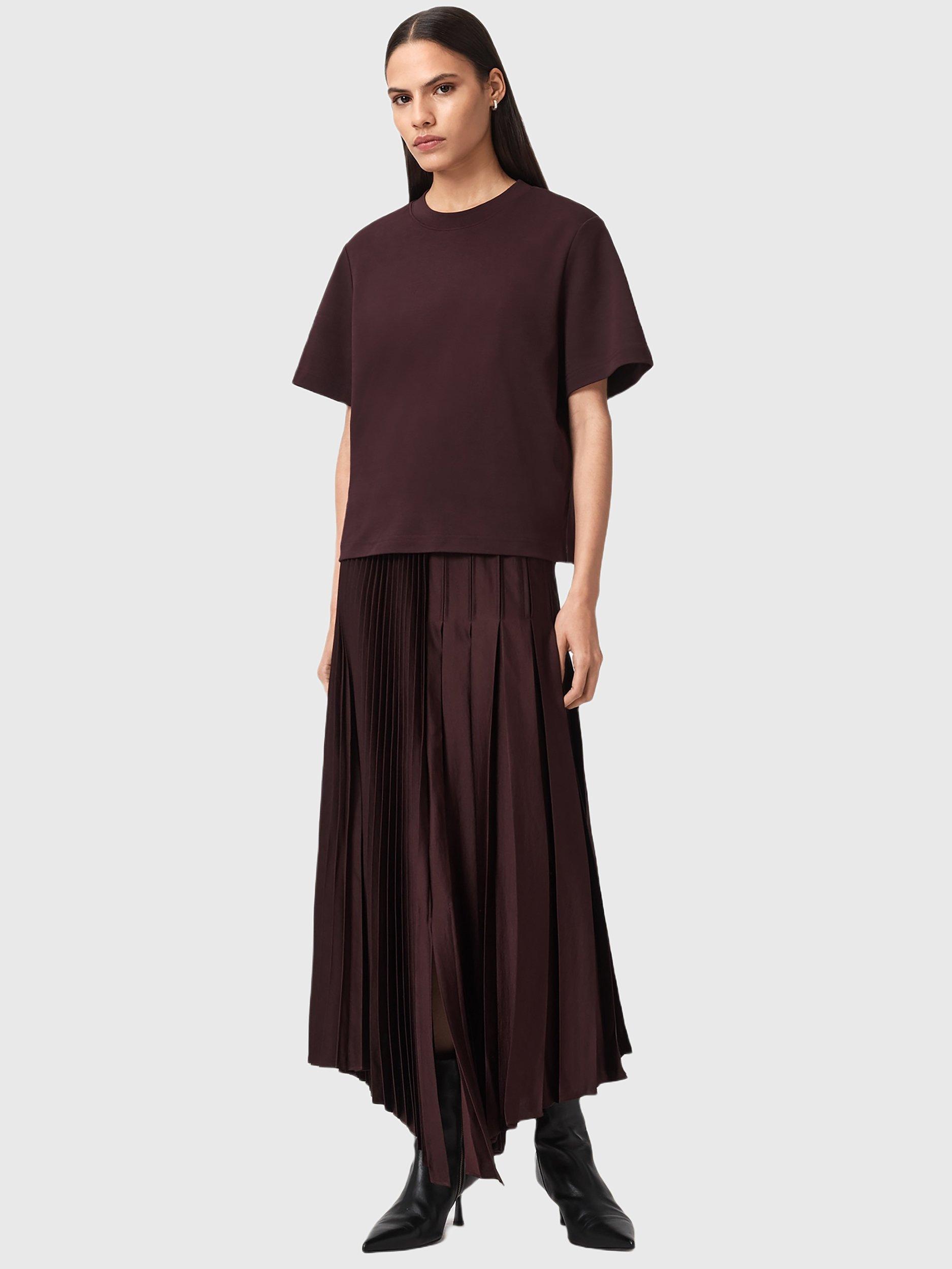 Product image 3 of 6, which shows AllSaints Jax Pleated Maxi Skirt, Oxblood Red, 10