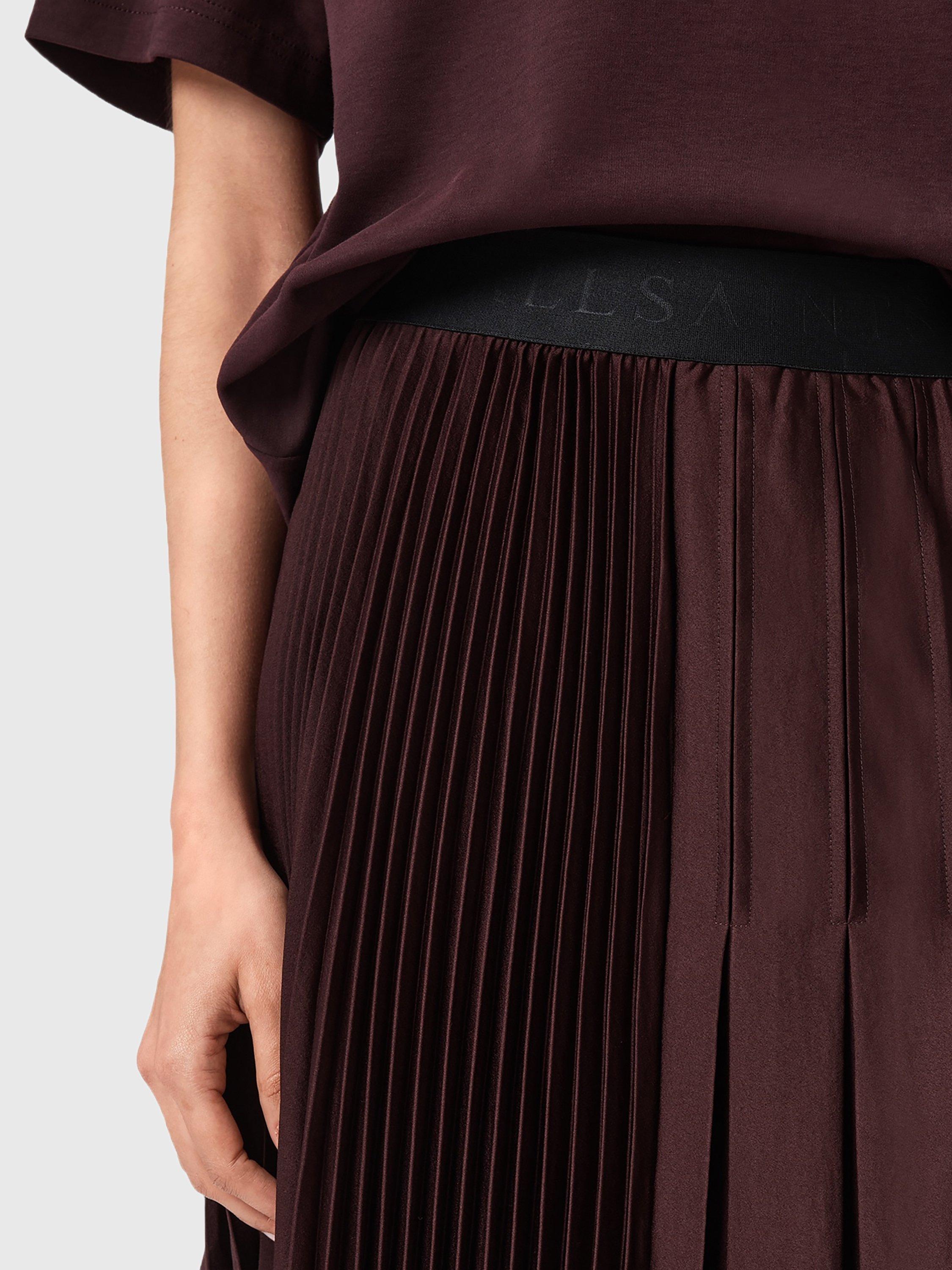Product image 5 of 6, which shows AllSaints Jax Pleated Maxi Skirt, Oxblood Red, 10