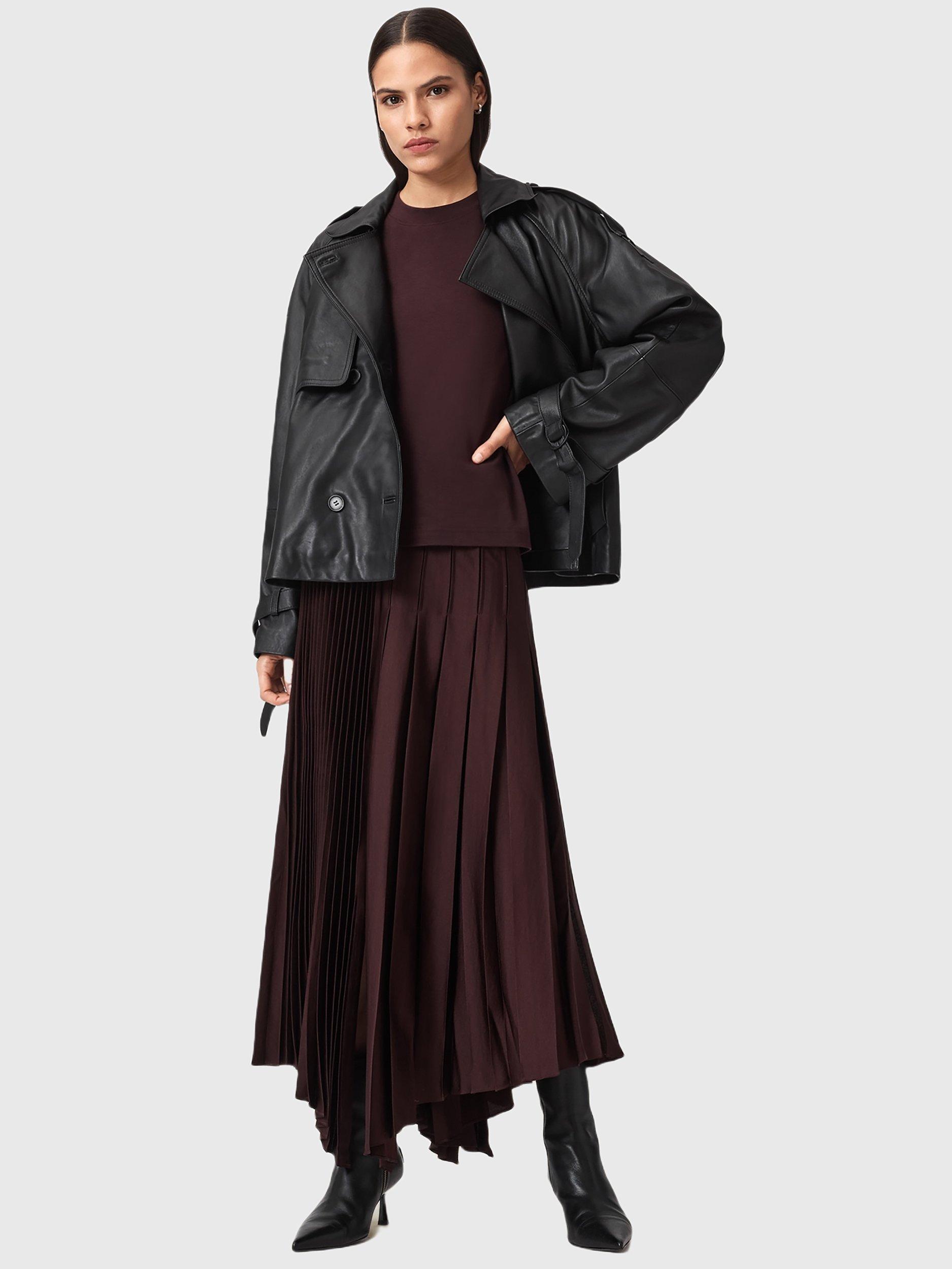 Product image 6 of 6, which shows AllSaints Jax Pleated Maxi Skirt, Oxblood Red, 10