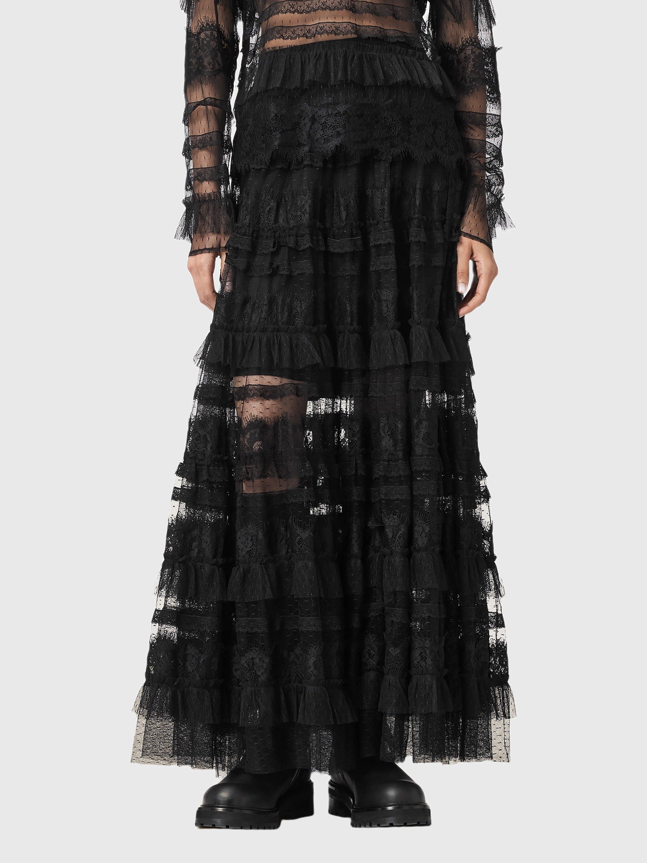Product image 1 of 9, which shows AllSaints Arlea Tiered Maxi Skirt, Black, 10