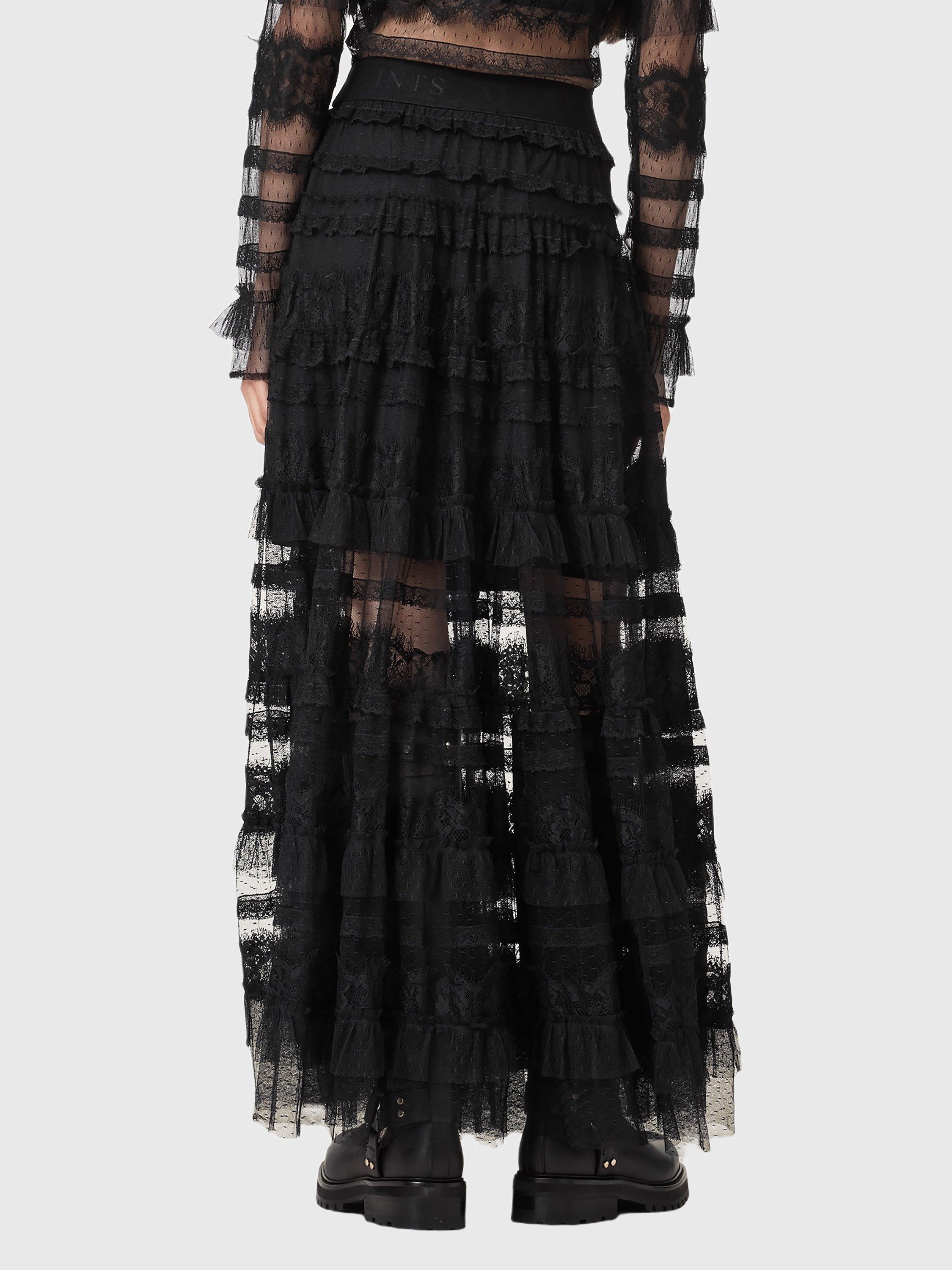 Product image 2 of 9, which shows AllSaints Arlea Tiered Maxi Skirt, Black, 10