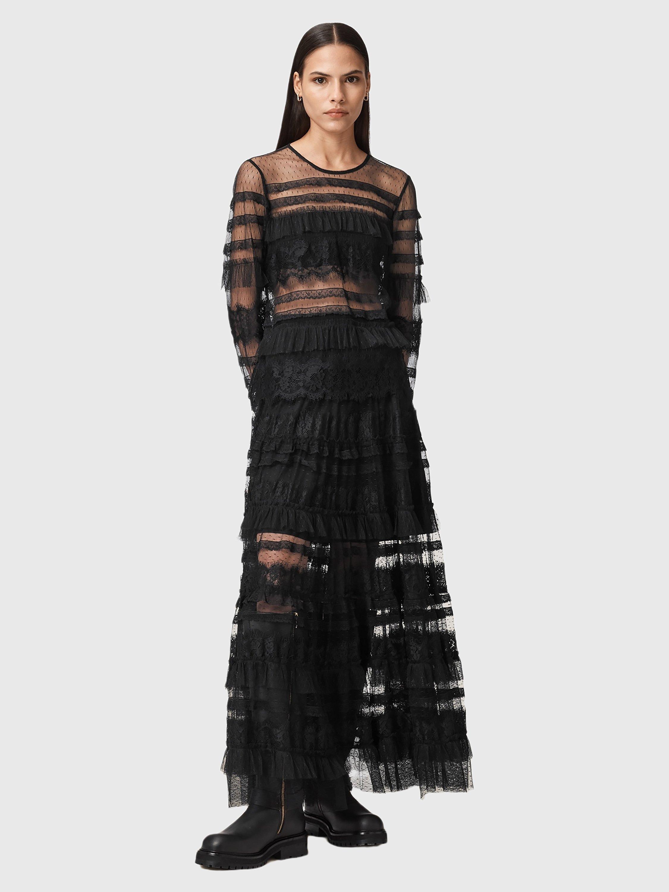 Product image 3 of 9, which shows AllSaints Arlea Tiered Maxi Skirt, Black, 10