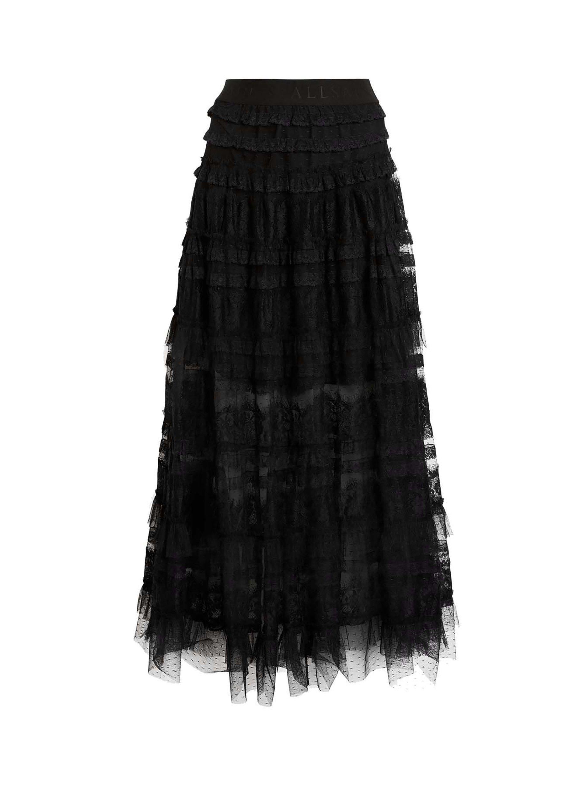 Product image 4 of 9, which shows AllSaints Arlea Tiered Maxi Skirt, Black, 10