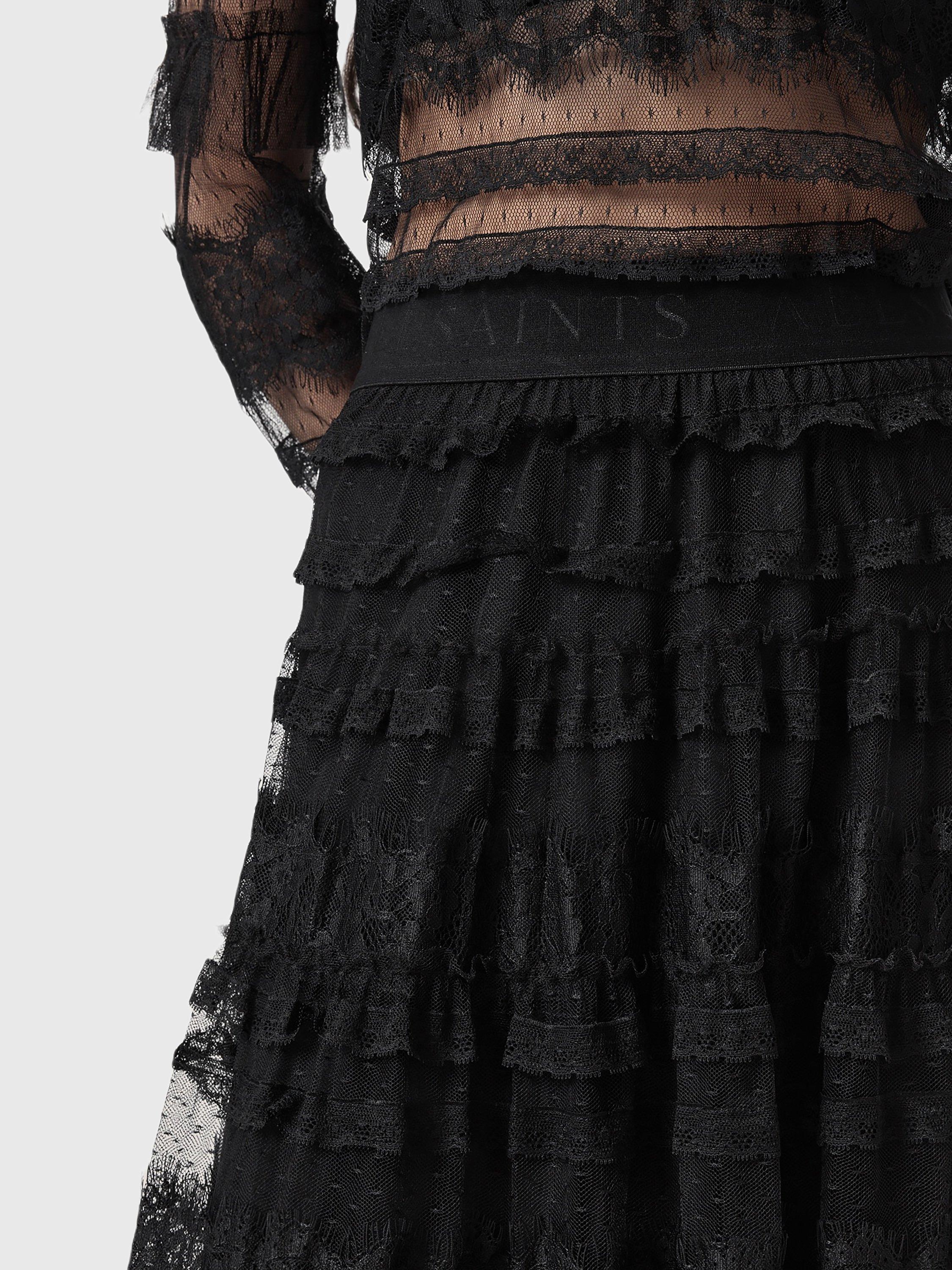 Product image 5 of 9, which shows AllSaints Arlea Tiered Maxi Skirt, Black, 10