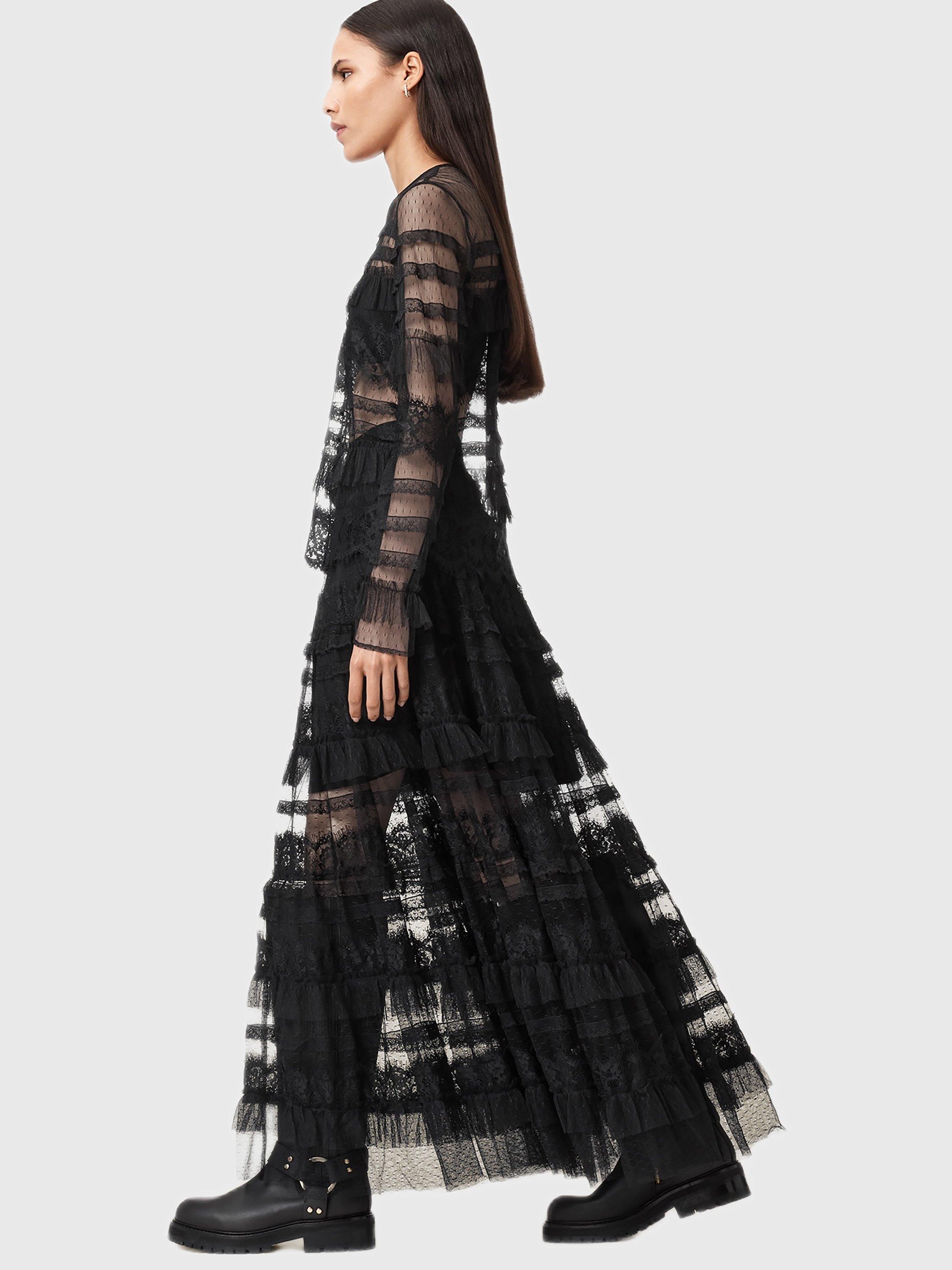 Product image 7 of 9, which shows AllSaints Arlea Tiered Maxi Skirt, Black, 10