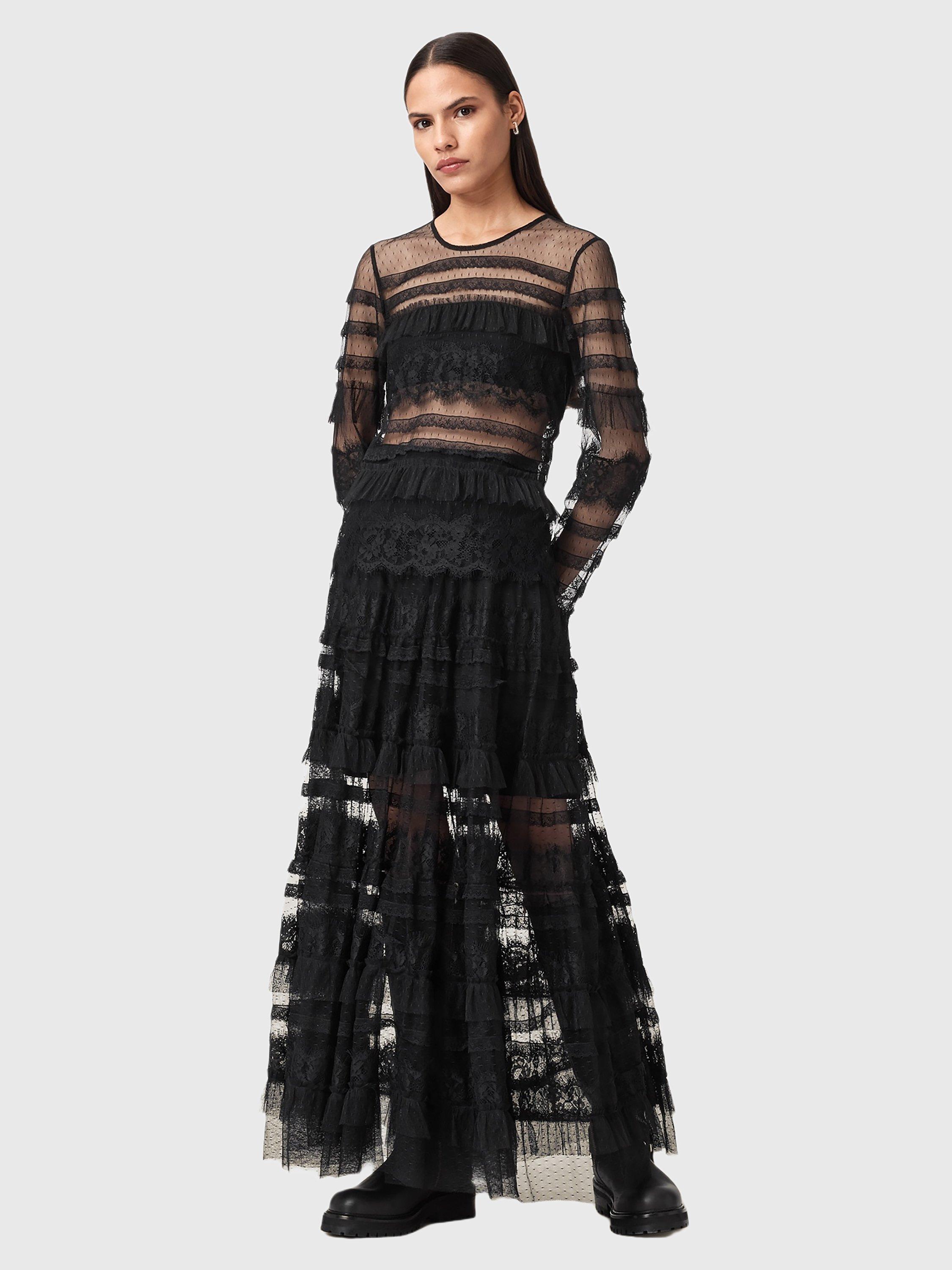 Product image 8 of 9, which shows AllSaints Arlea Tiered Maxi Skirt, Black, 10