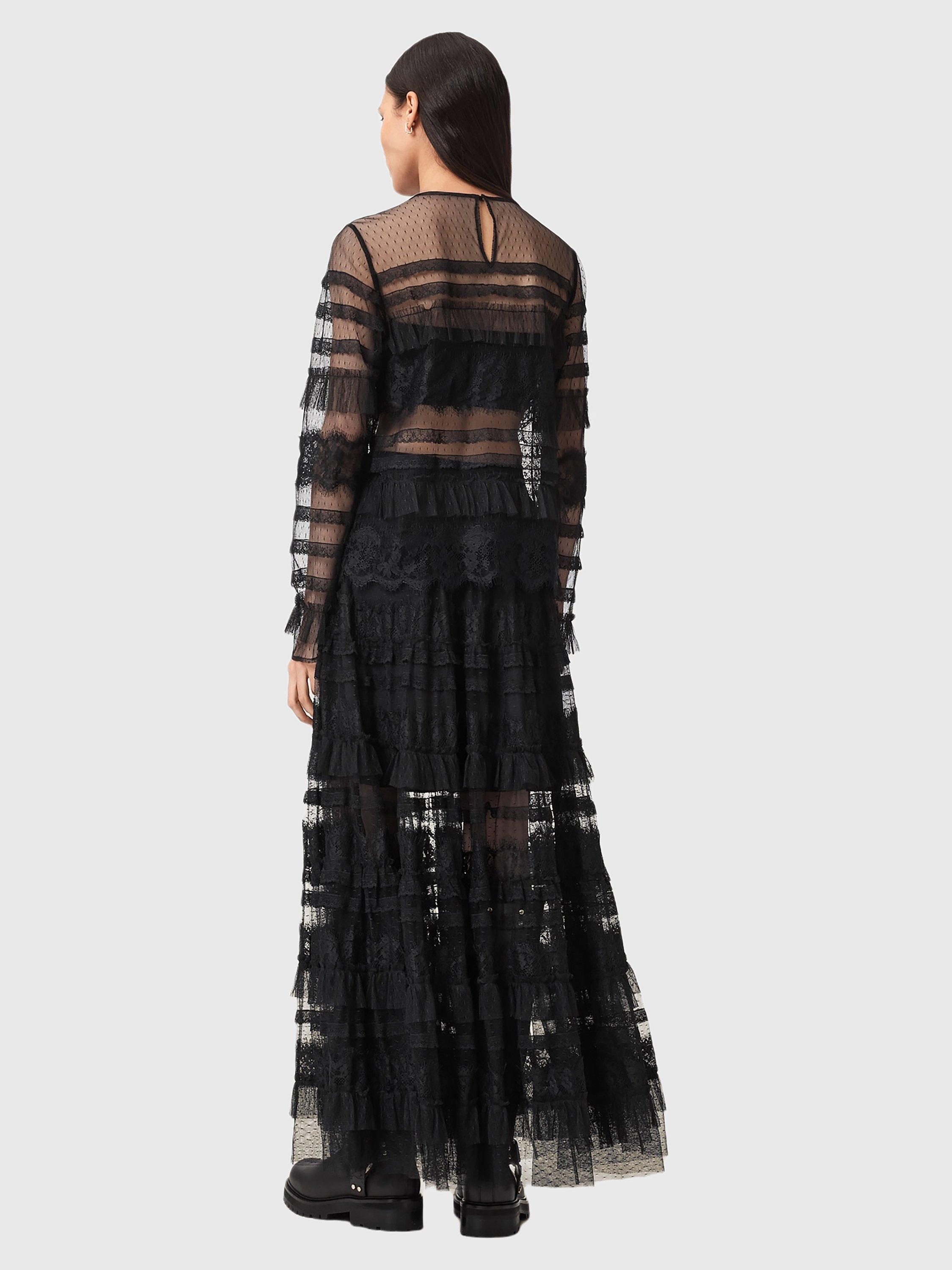 Product image 9 of 9, which shows AllSaints Arlea Tiered Maxi Skirt, Black, 10