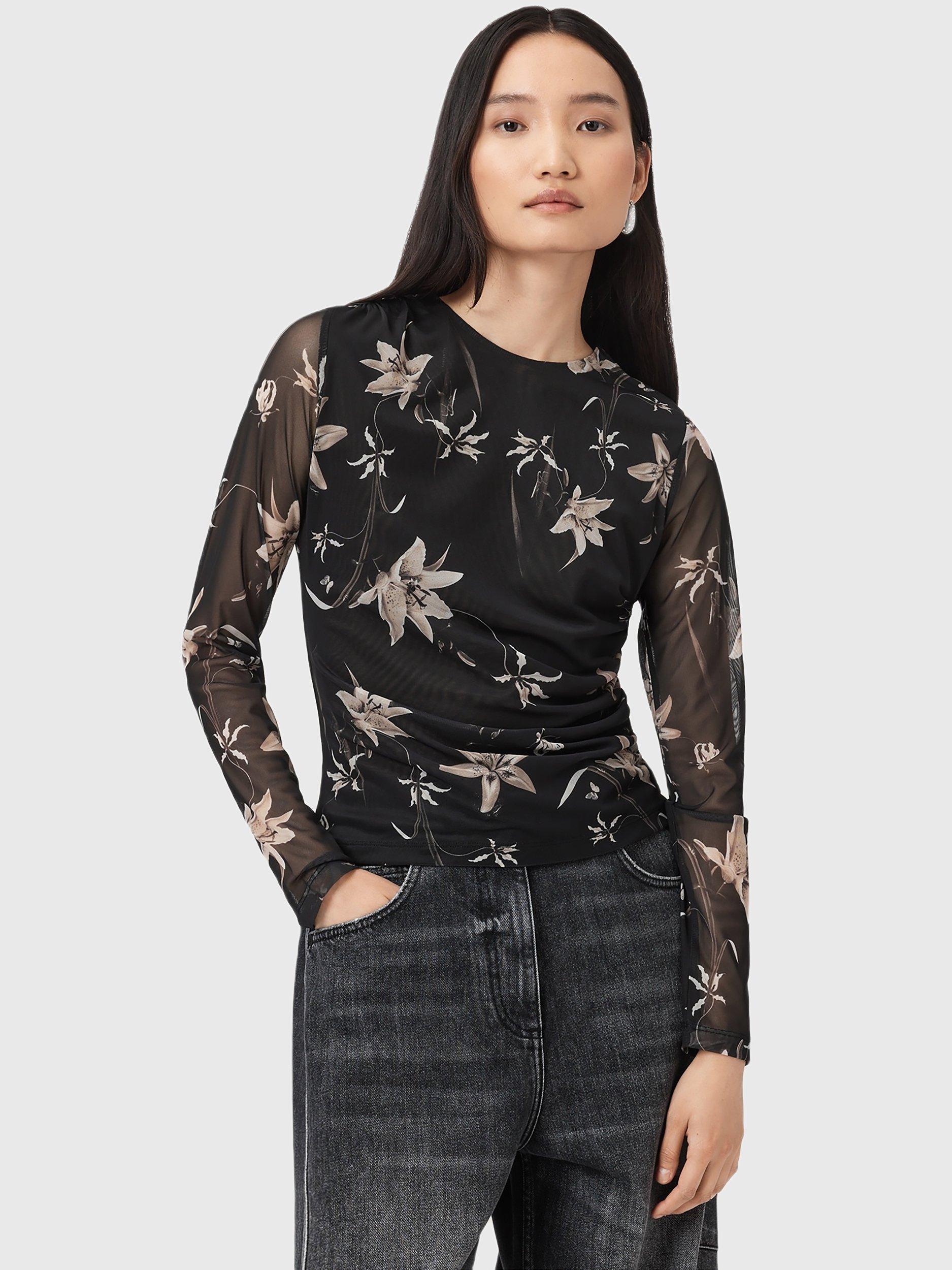 Product image 1 of 7, which shows AllSaints Caia Floral Print Long Sleeve Top, Petra Sepia Brown, 8