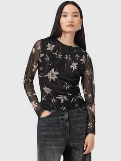 AllSaints Caia Floral Print Long Sleeve Top, Petra Sepia Brown