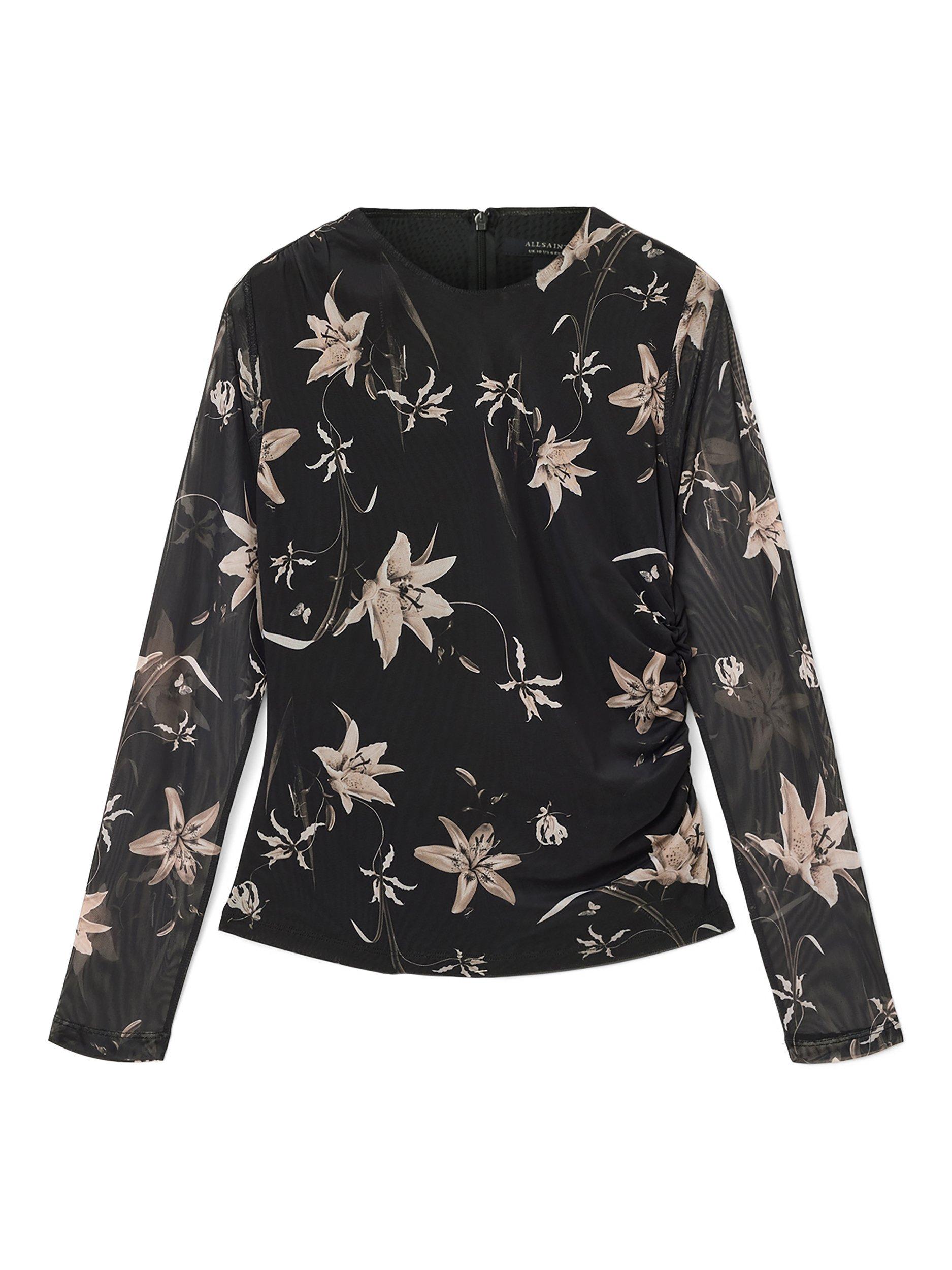 Product image 4 of 7, which shows AllSaints Caia Floral Print Long Sleeve Top, Petra Sepia Brown, 8