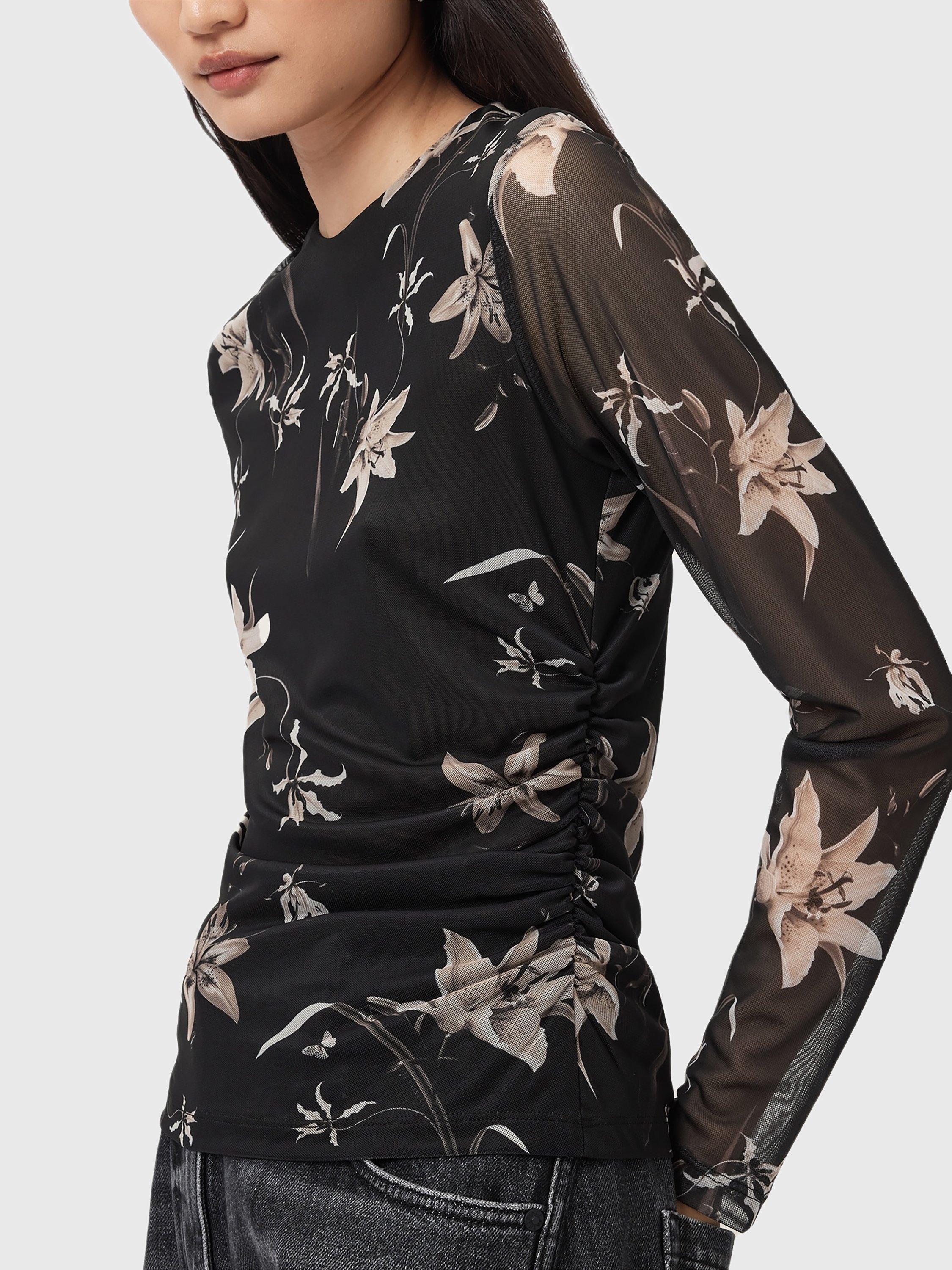 Product image 6 of 7, which shows AllSaints Caia Floral Print Long Sleeve Top, Petra Sepia Brown, 8