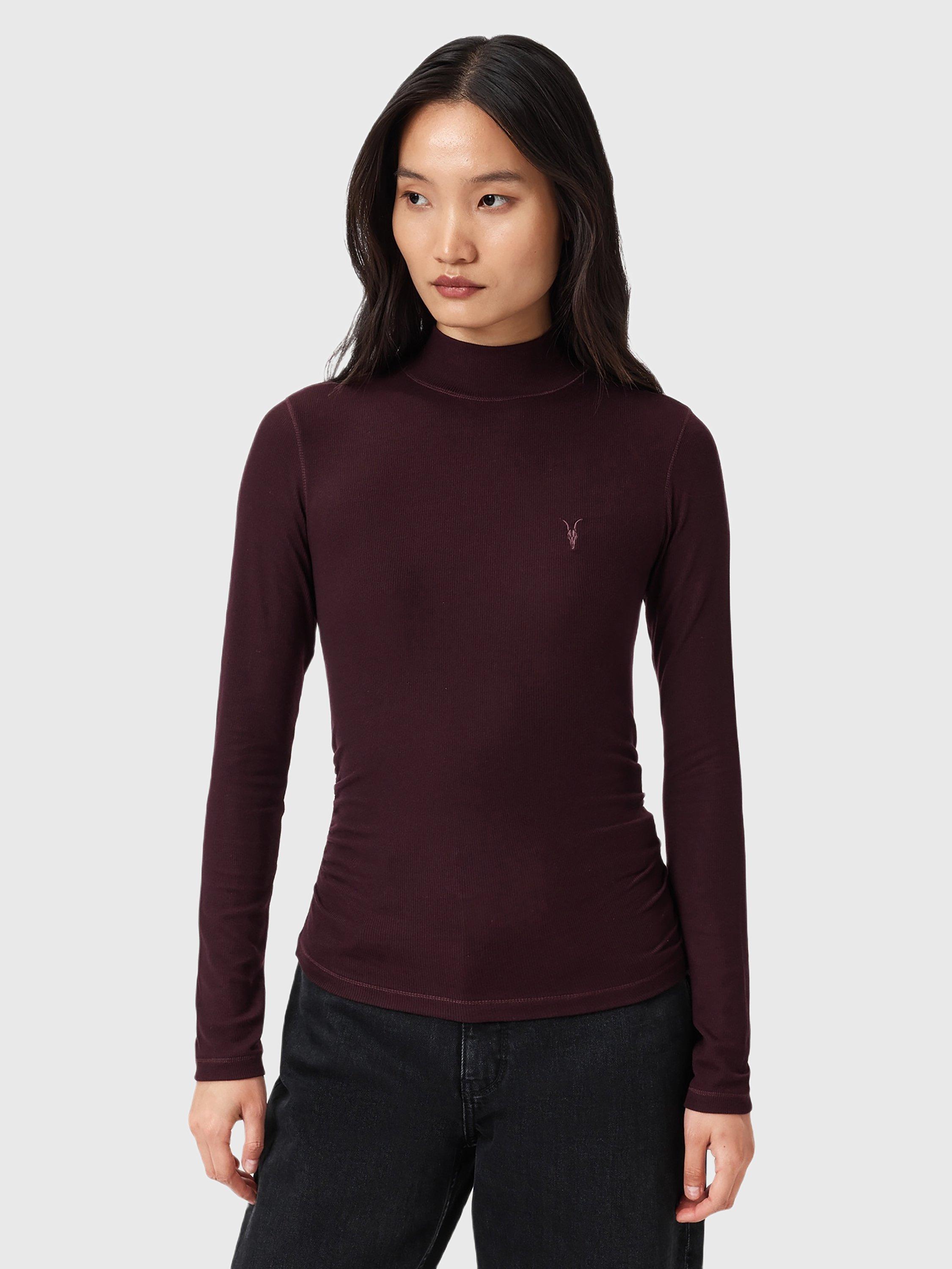 Product image 1 of 7, which shows AllSaints Rina Roll Neck Top, Oxblood Red, L
