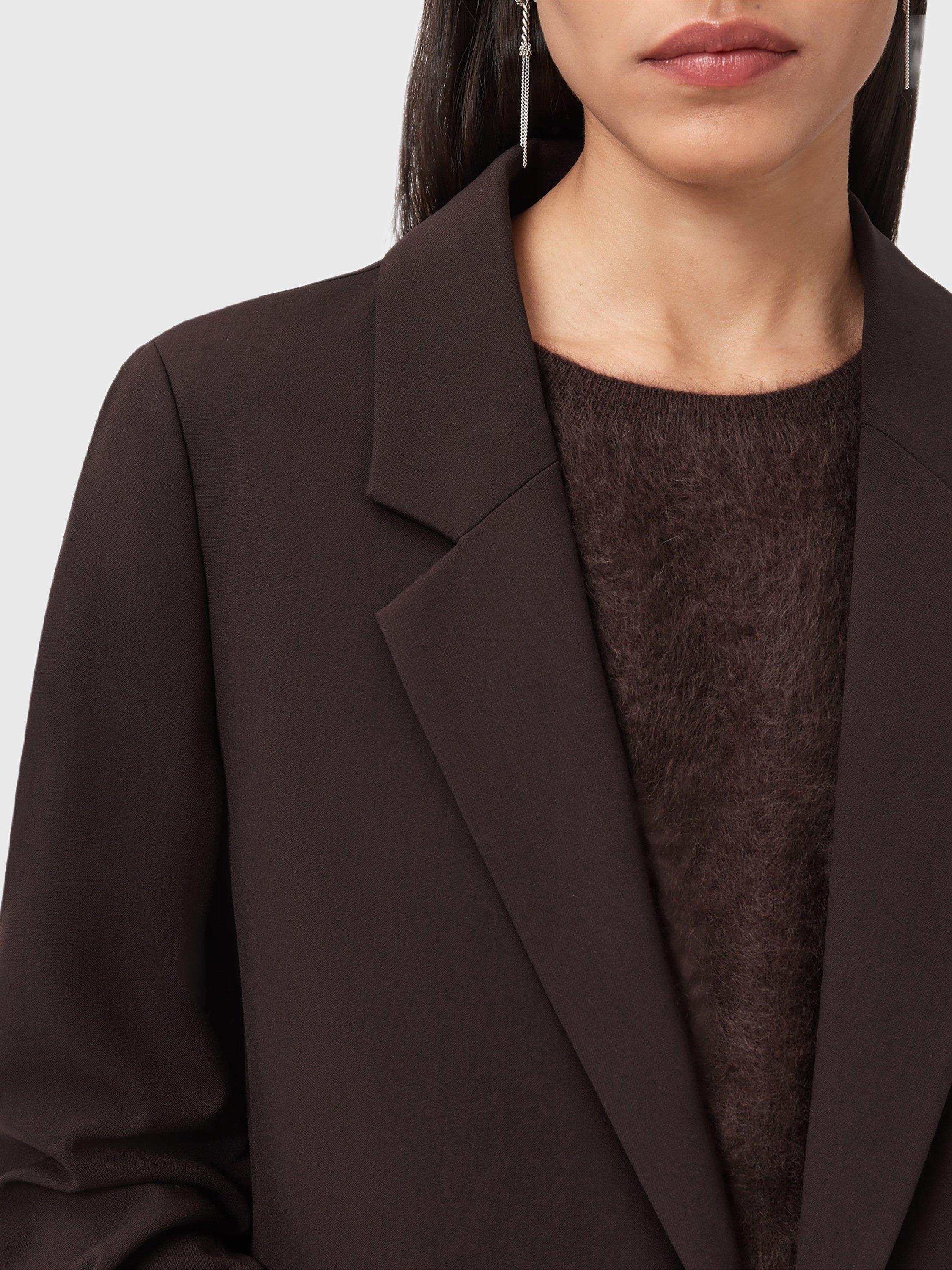 Product image 5 of 7, which shows AllSaints Aleida Long Sleeve Collar Longline Blazer, Oxblood Red, 6