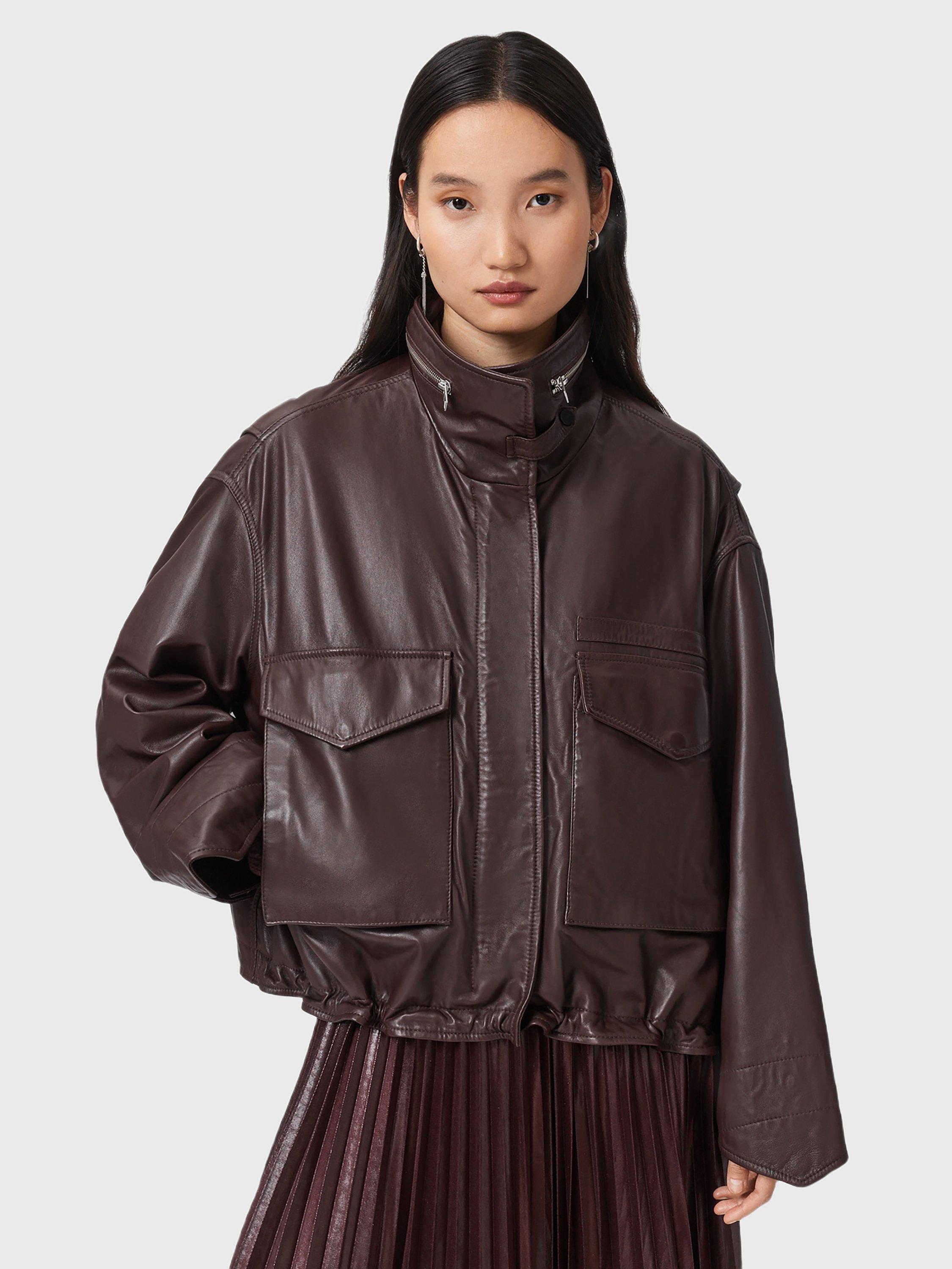 Product image 1 of 8, which shows AllSaints Clay Leather Blend High Neck Zip Jacket, Oxblood Red, L