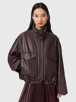 AllSaints Clay Leather Blend High Neck Zip Jacket, Oxblood Red