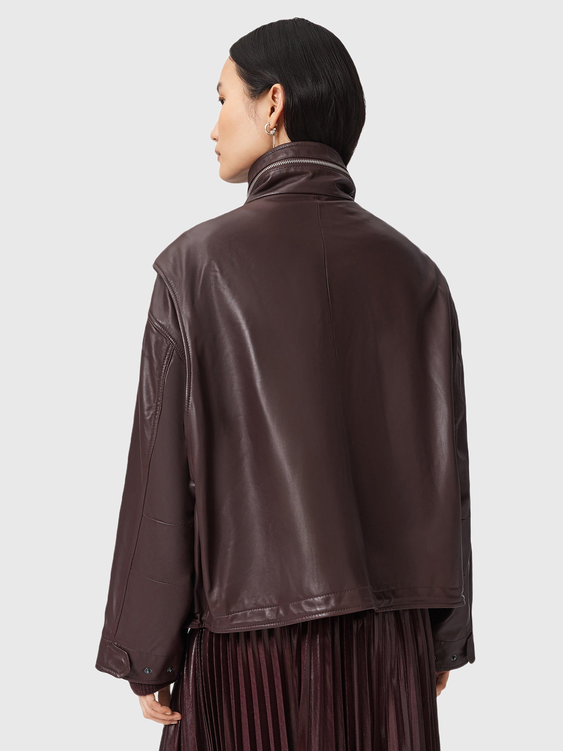 Product image 2 of 8, which shows AllSaints Clay Leather Blend High Neck Zip Jacket, Oxblood Red, L