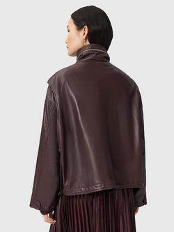 AllSaints Clay Leather Blend High Neck Zip Jacket - view 2, Oxblood Red
