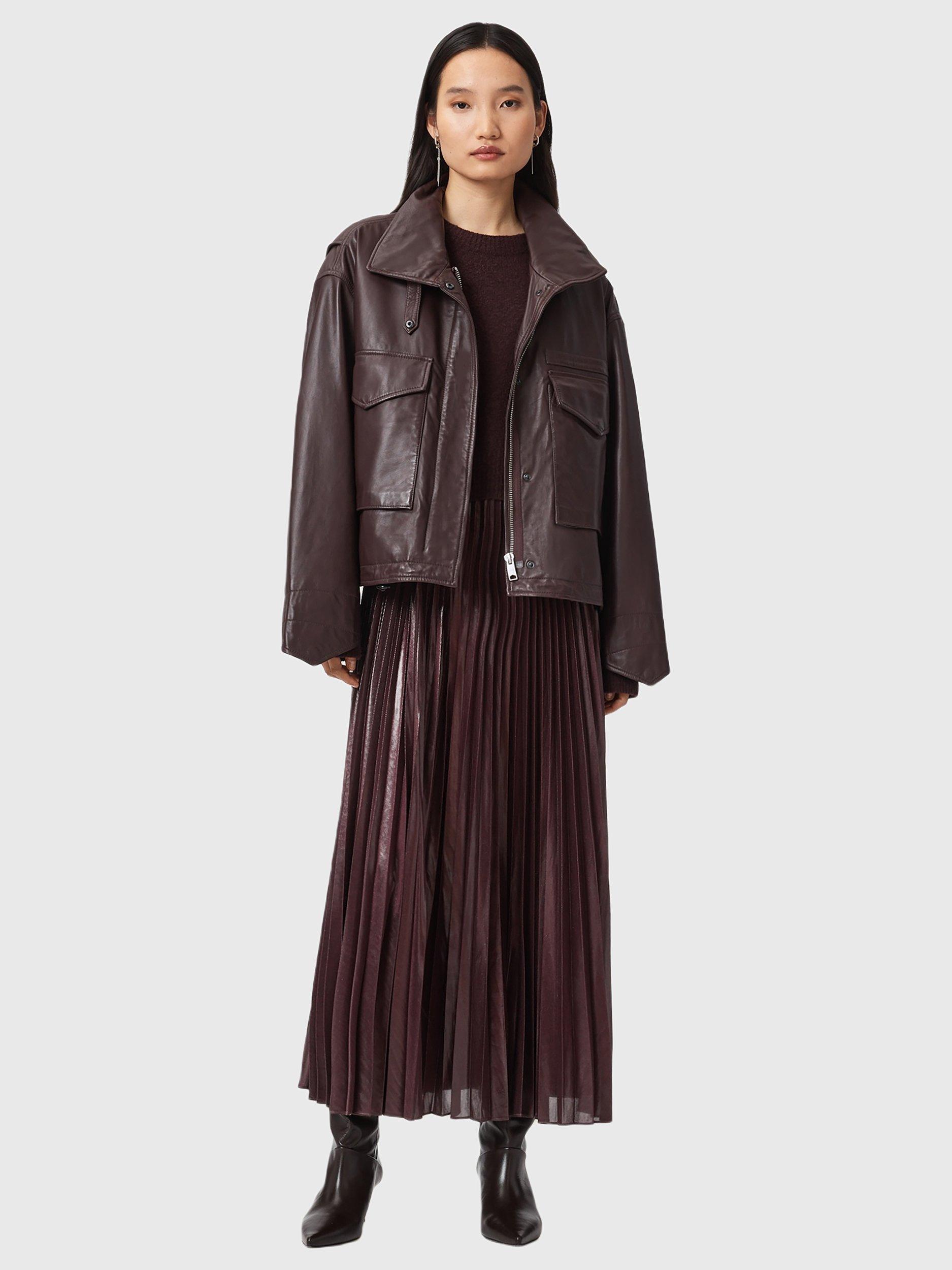 Product image 3 of 8, which shows AllSaints Clay Leather Blend High Neck Zip Jacket, Oxblood Red, L