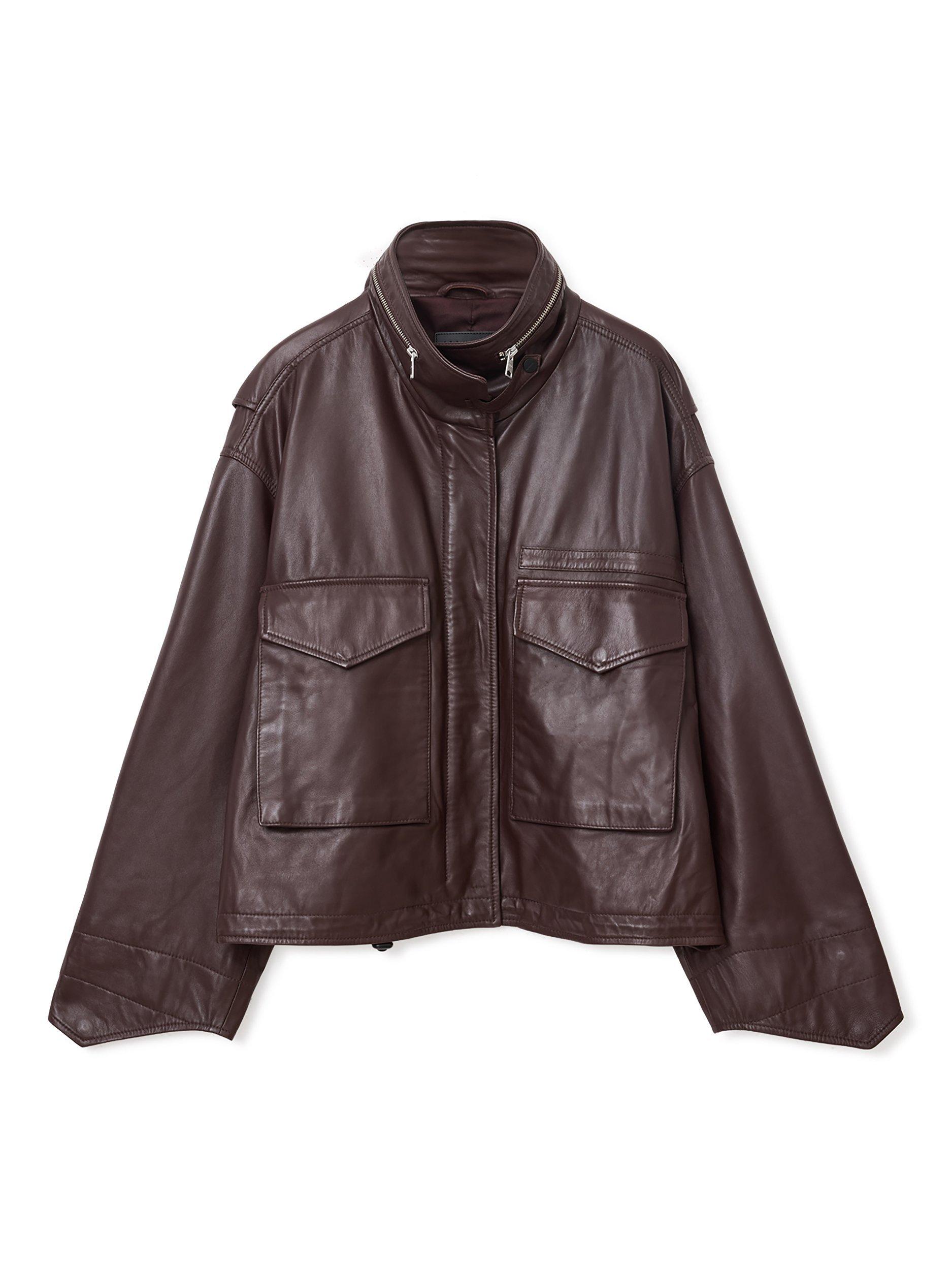 Product image 4 of 8, which shows AllSaints Clay Leather Blend High Neck Zip Jacket, Oxblood Red, L