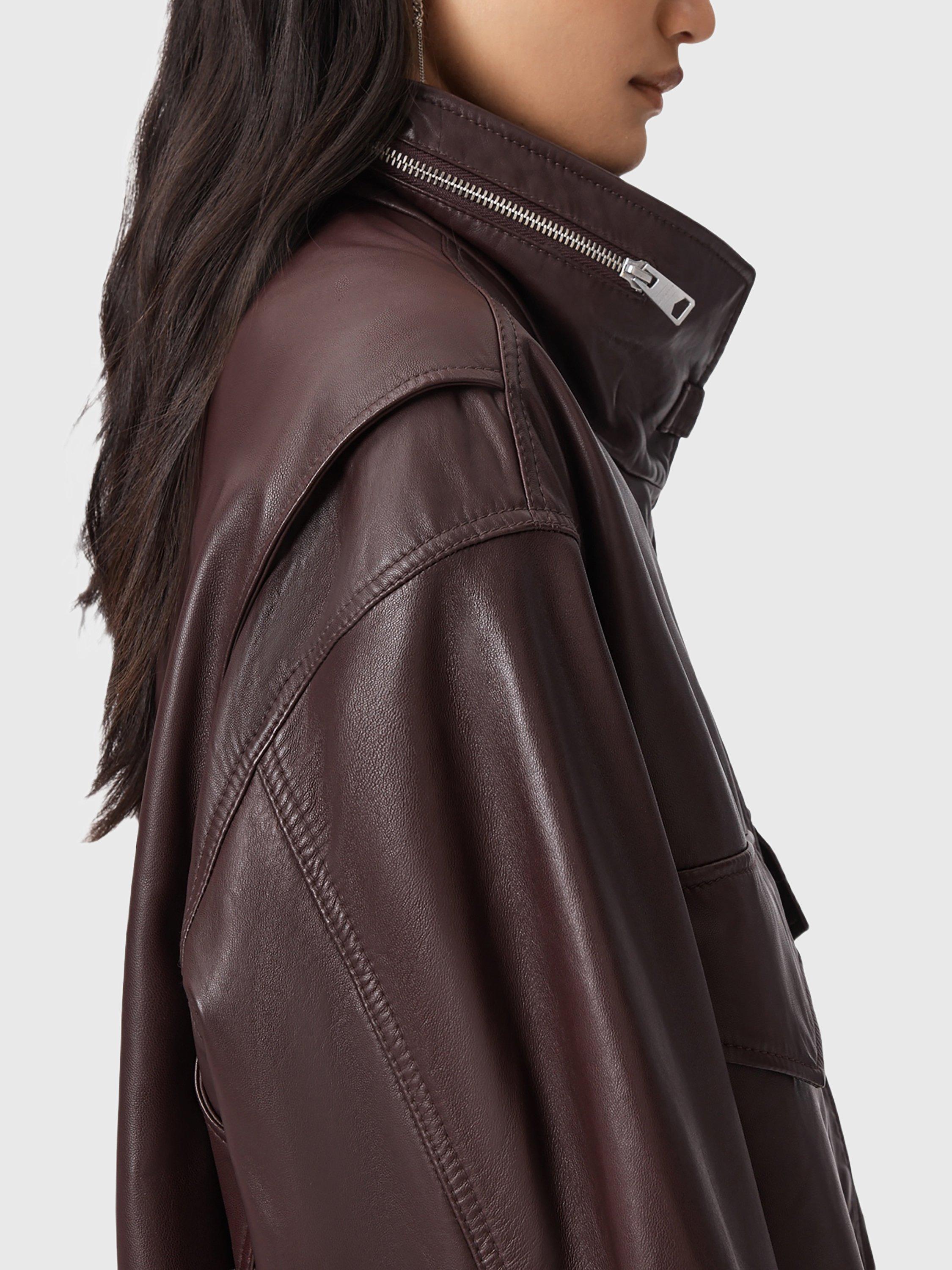 Product image 5 of 8, which shows AllSaints Clay Leather Blend High Neck Zip Jacket, Oxblood Red, L