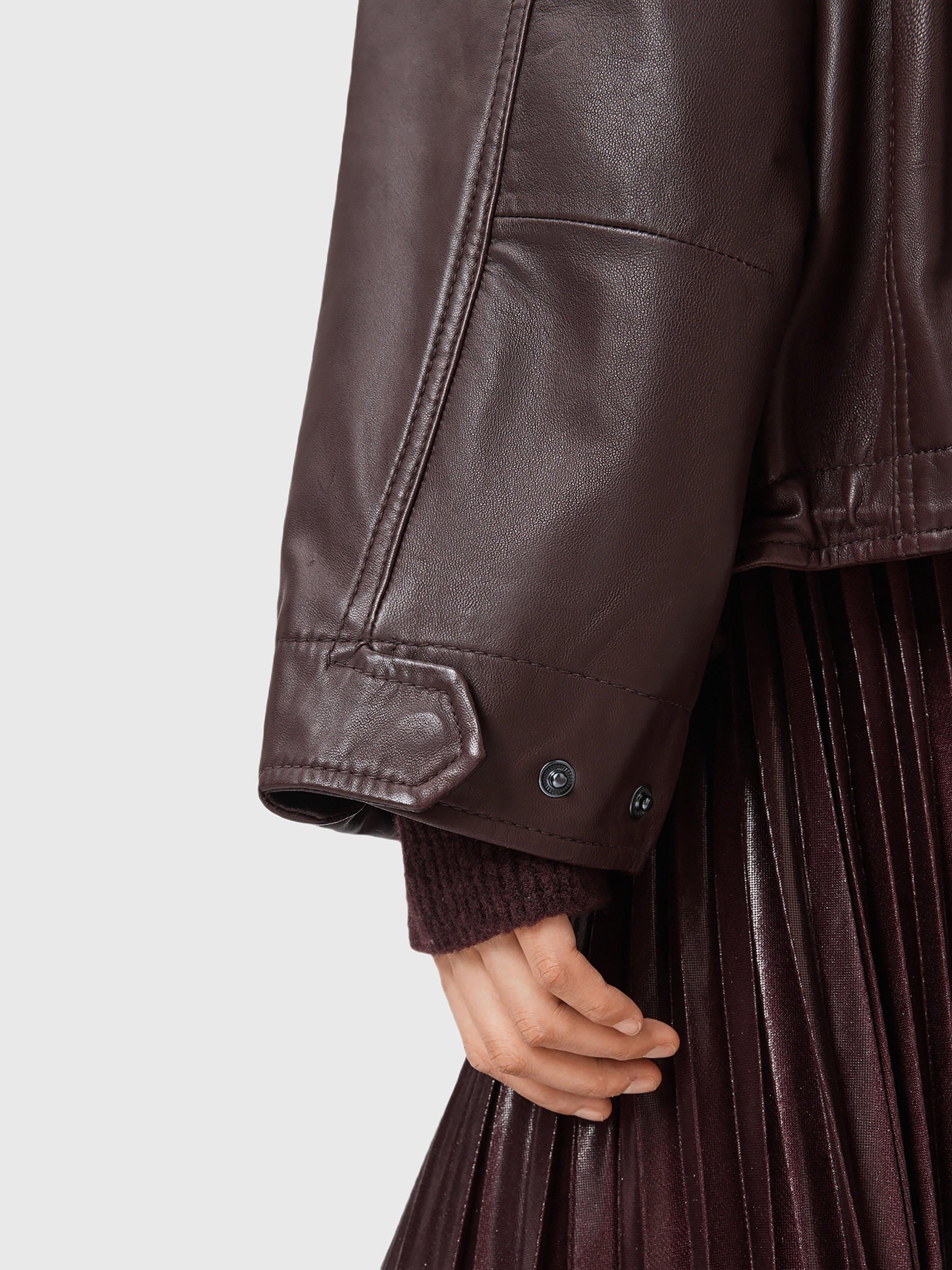 Product image 7 of 8, which shows AllSaints Clay Leather Blend High Neck Zip Jacket, Oxblood Red, L