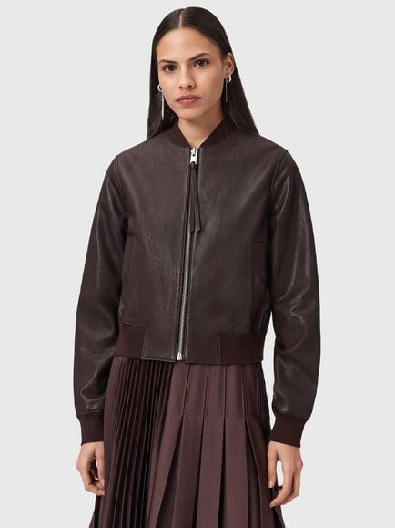 AllSaints Orten Leather Bomber Jacket, Oxblood Red