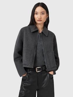 AllSaints Seannah Cropped Zip Front Wool Blend Jacket, Charcoal Grey