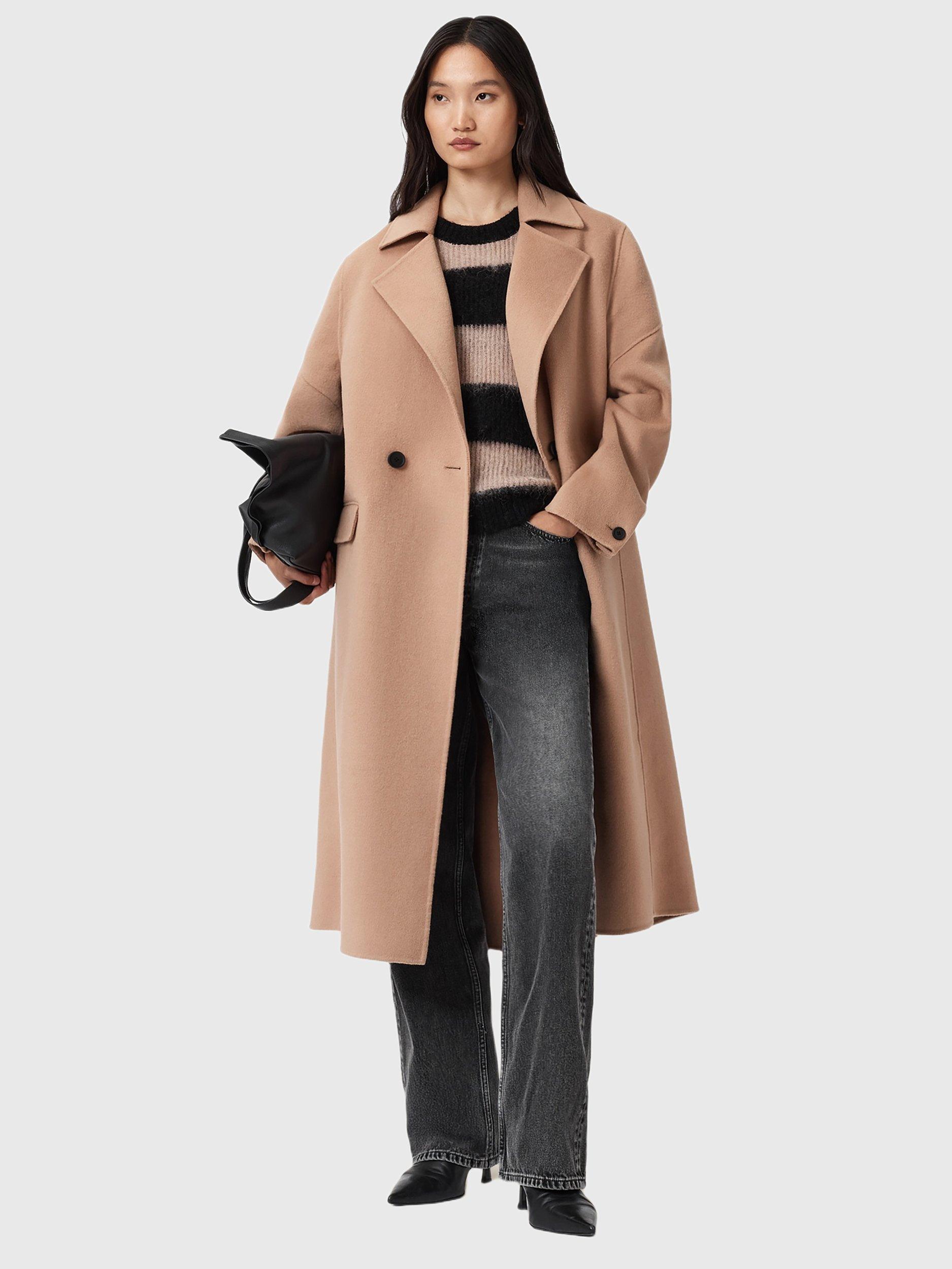 Product image 3 of 7, which shows AllSaints Sellma Wool Blend Long Sleeve Collar Longline Overcoat, Brown Camel, 6