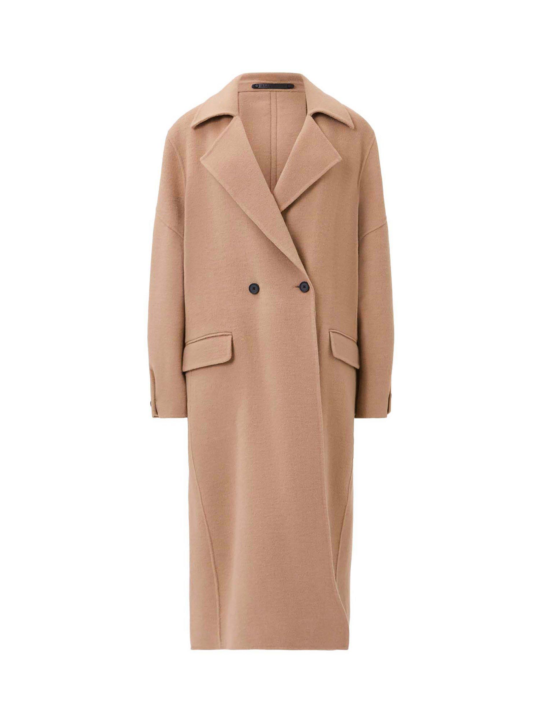Product image 4 of 7, which shows AllSaints Sellma Wool Blend Long Sleeve Collar Longline Overcoat, Brown Camel, 6