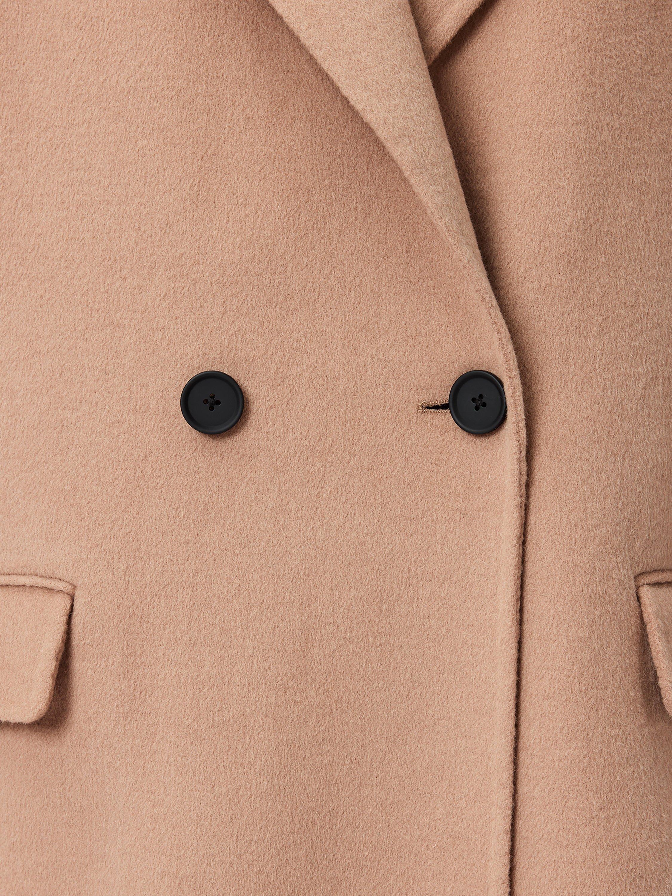 Product image 5 of 7, which shows AllSaints Sellma Wool Blend Long Sleeve Collar Longline Overcoat, Brown Camel, 6