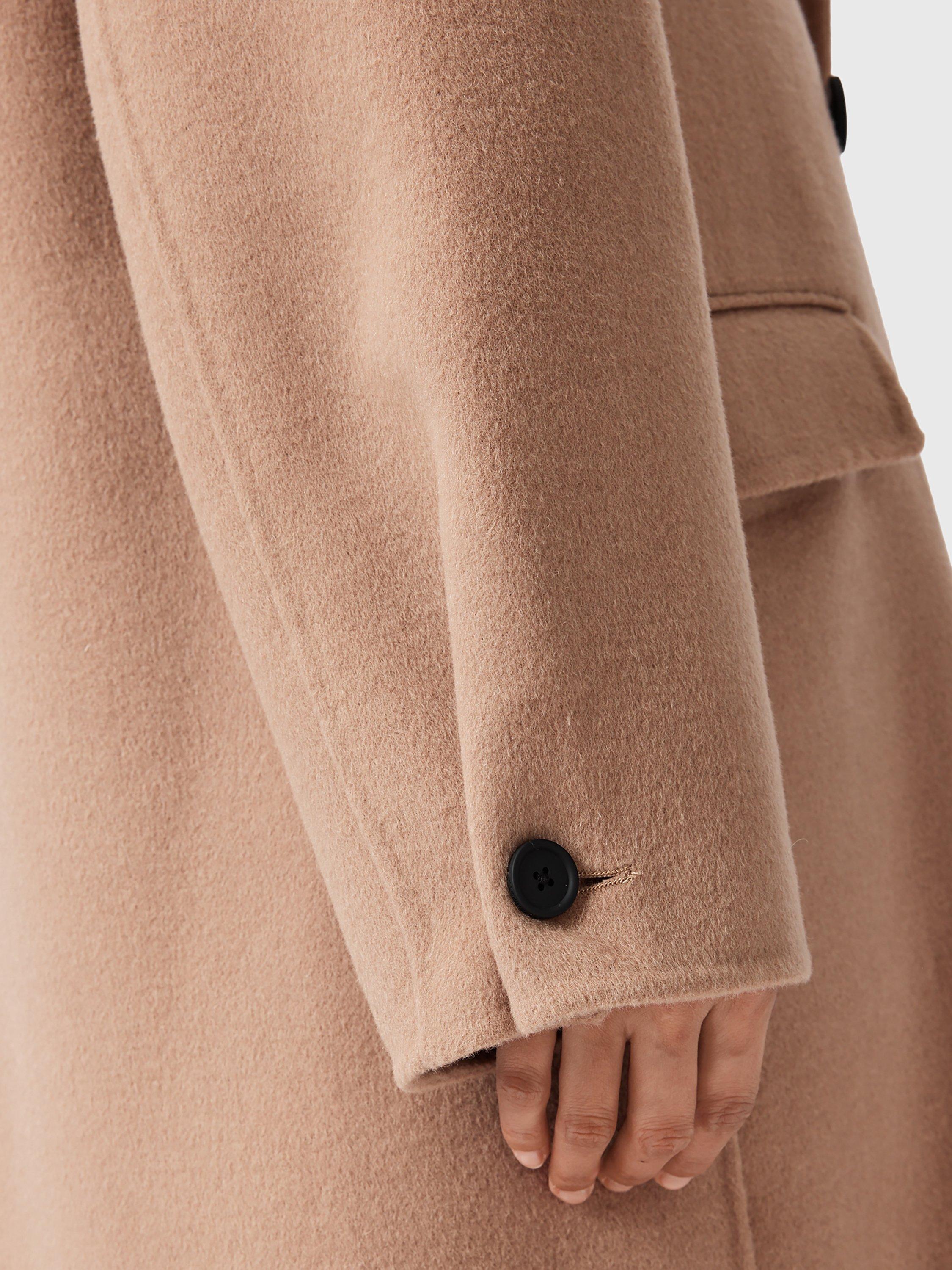 Product image 6 of 7, which shows AllSaints Sellma Wool Blend Long Sleeve Collar Longline Overcoat, Brown Camel, 6