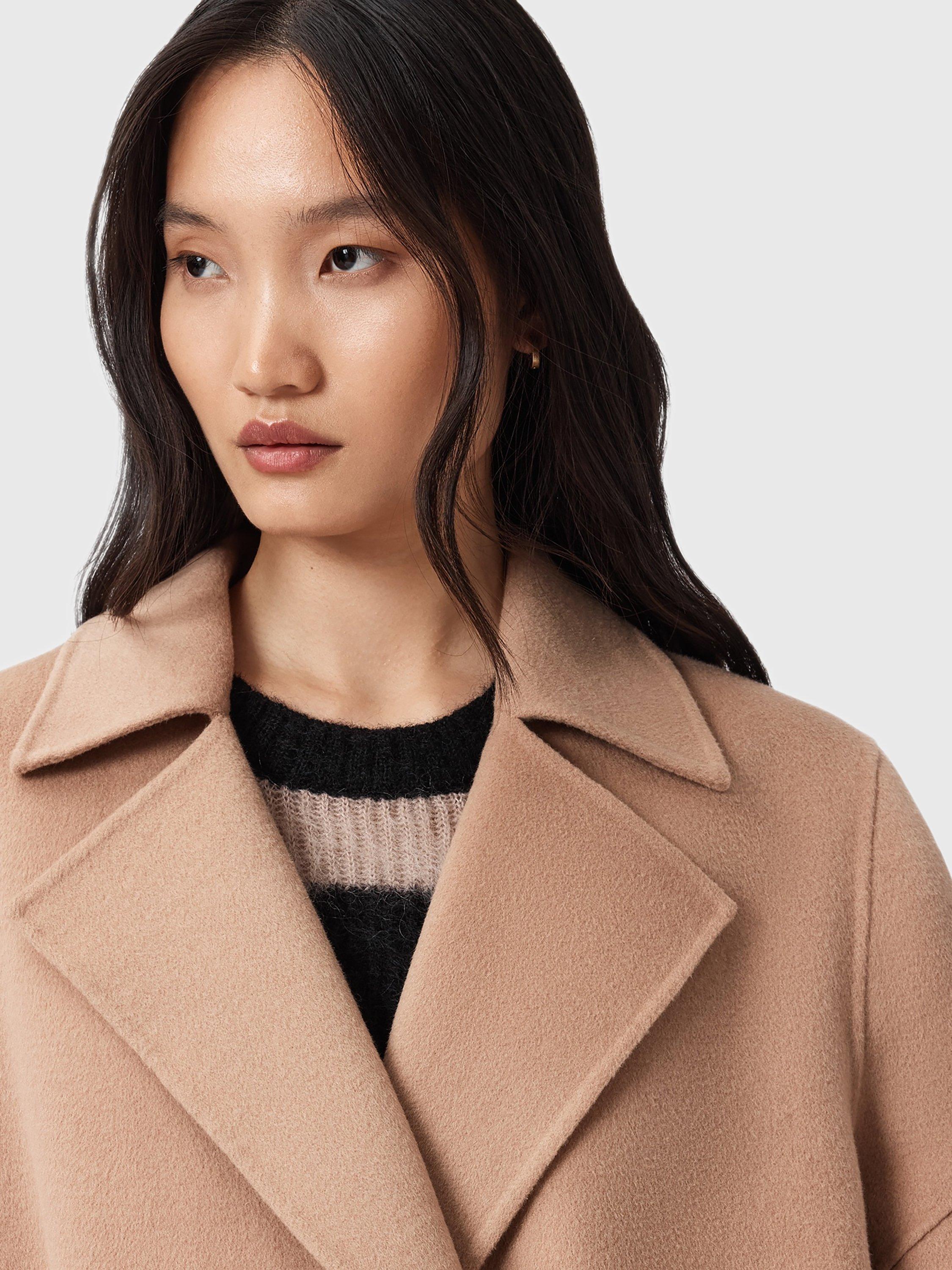 Product image 7 of 7, which shows AllSaints Sellma Wool Blend Long Sleeve Collar Longline Overcoat, Brown Camel, 6