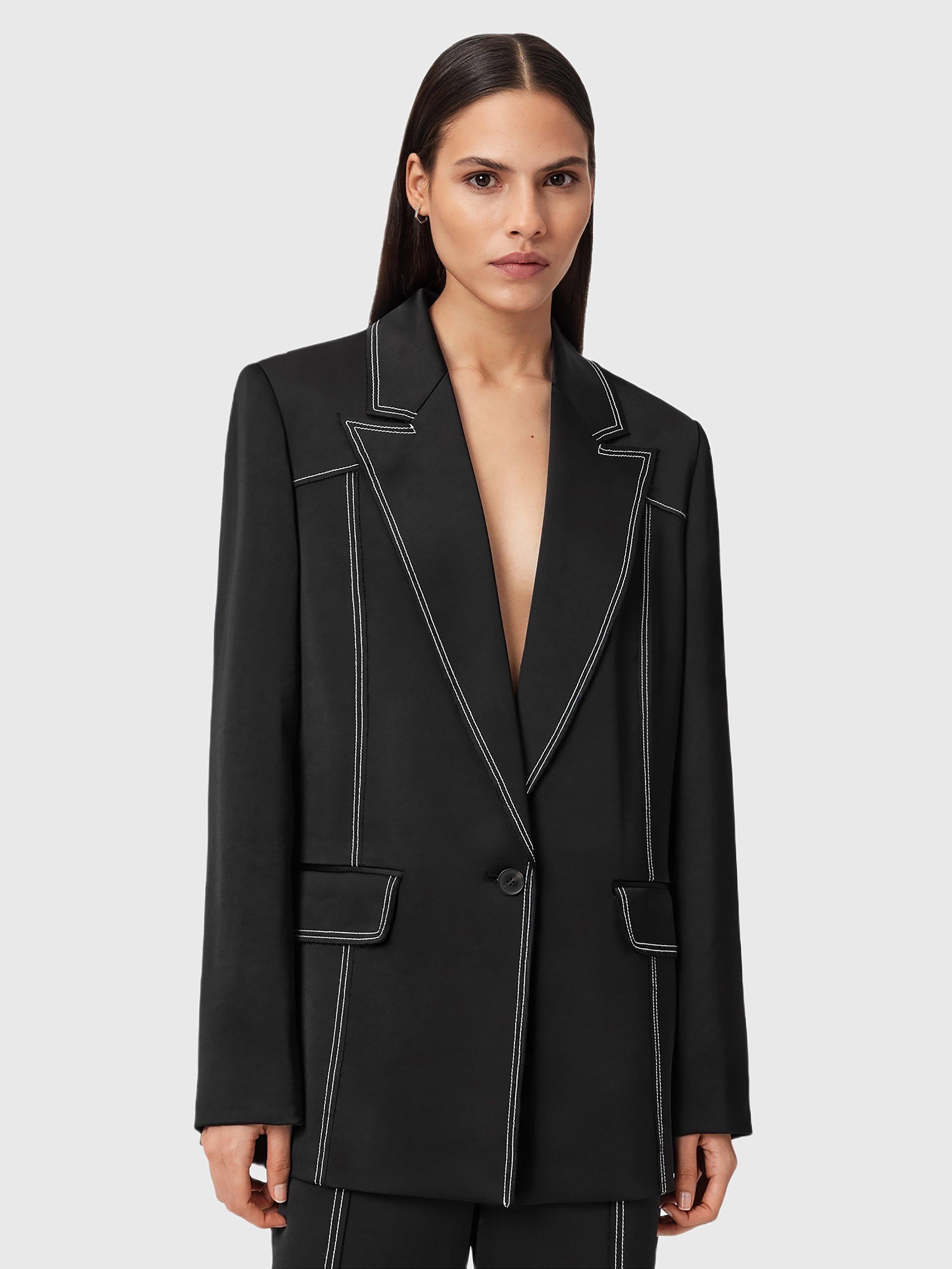 Product image 1 of 9, which shows AllSaints Theah Contrast Stitch Blazer, Black, 10