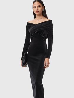 AllSaints Delta Bardot Neckling Long Sleeve Sheath Midi Dress, Black