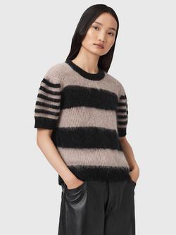 AllSaints Clem Stripe Short Sleeve Mohair Wool Blend Jumper, Black/Beige
