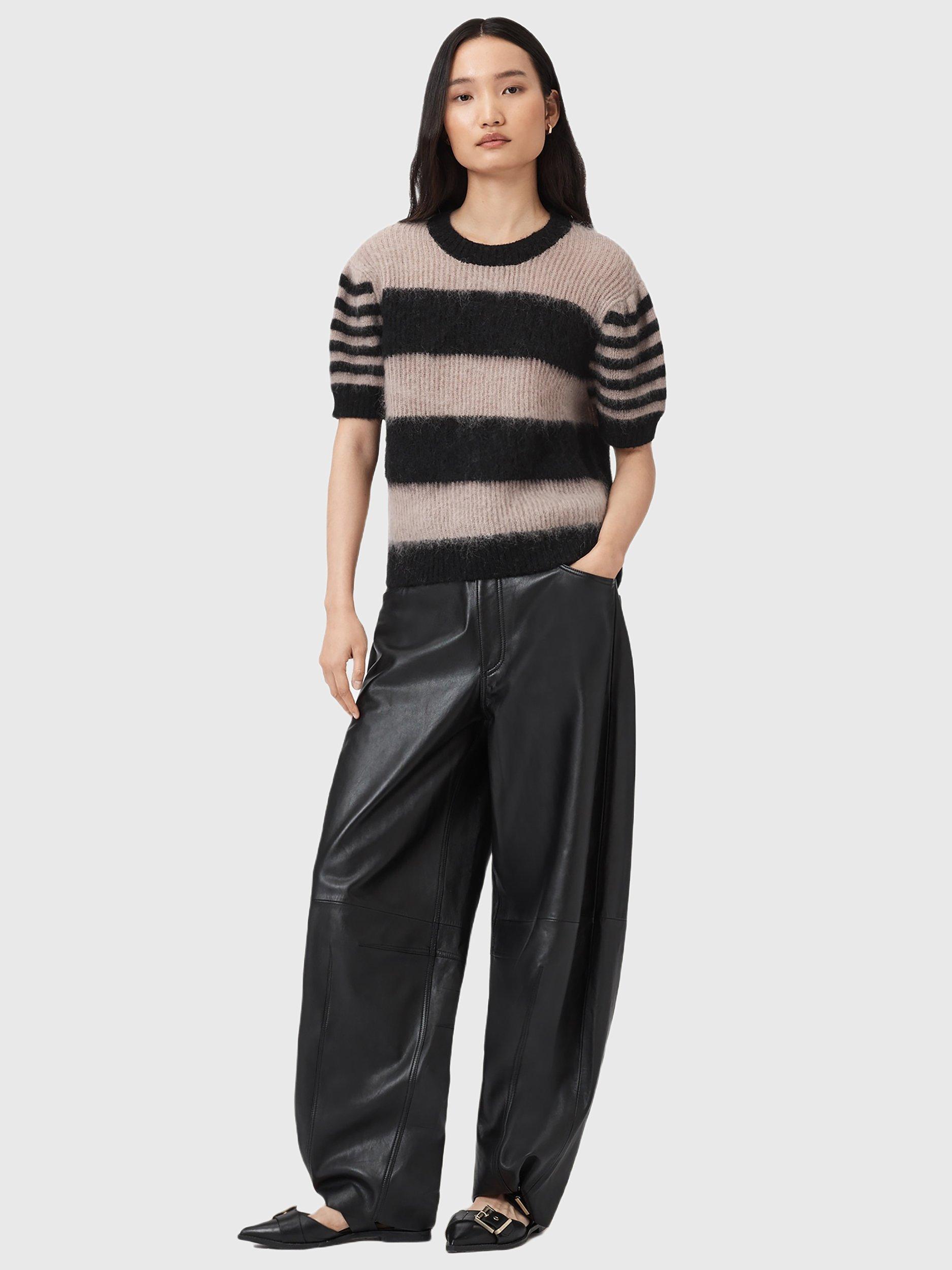 Product image 3 of 6, which shows AllSaints Clem Stripe Short Sleeve Mohair Wool Blend Jumper, Black/Beige, L