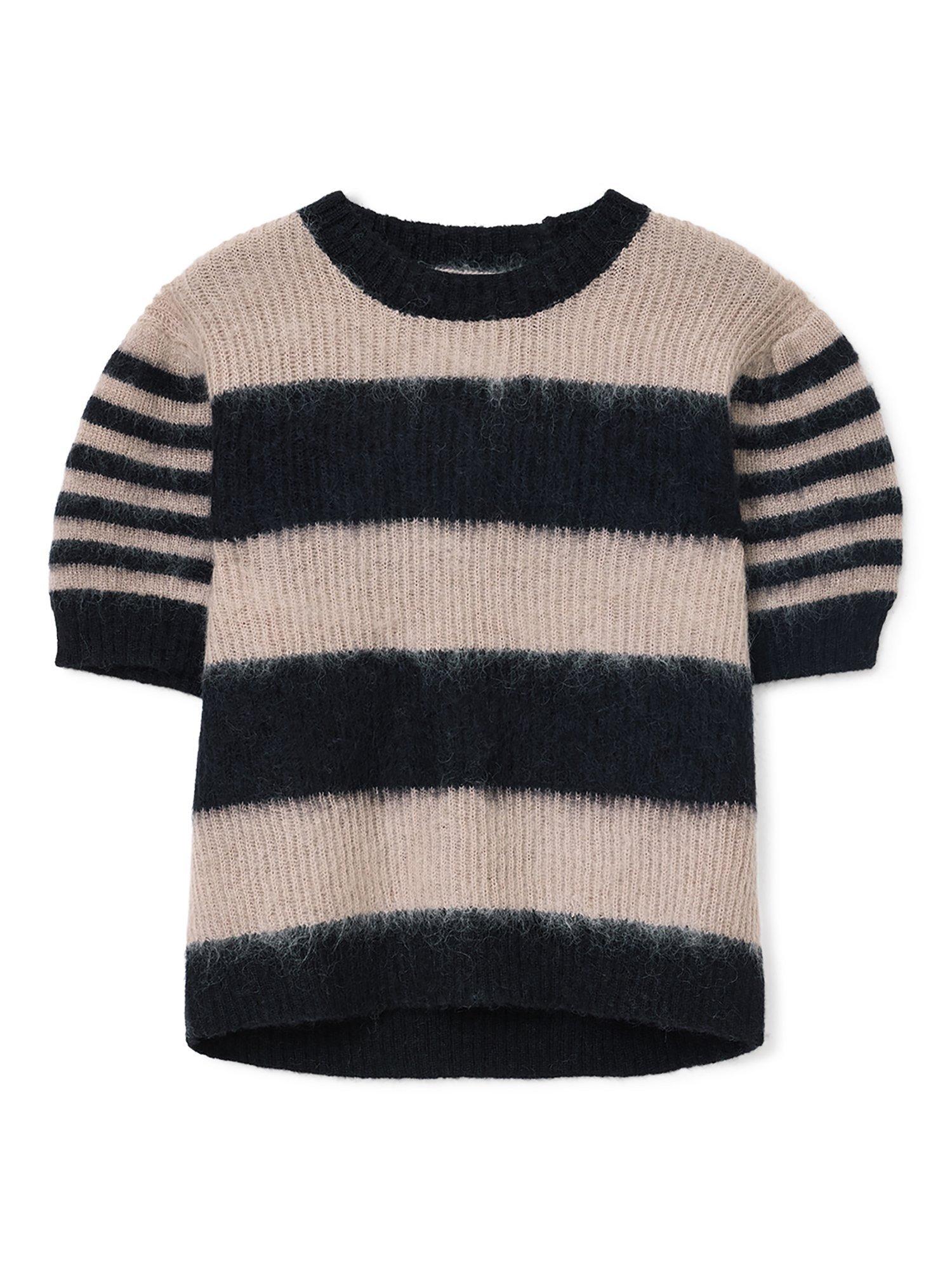 Product image 4 of 6, which shows AllSaints Clem Stripe Short Sleeve Mohair Wool Blend Jumper, Black/Beige, L
