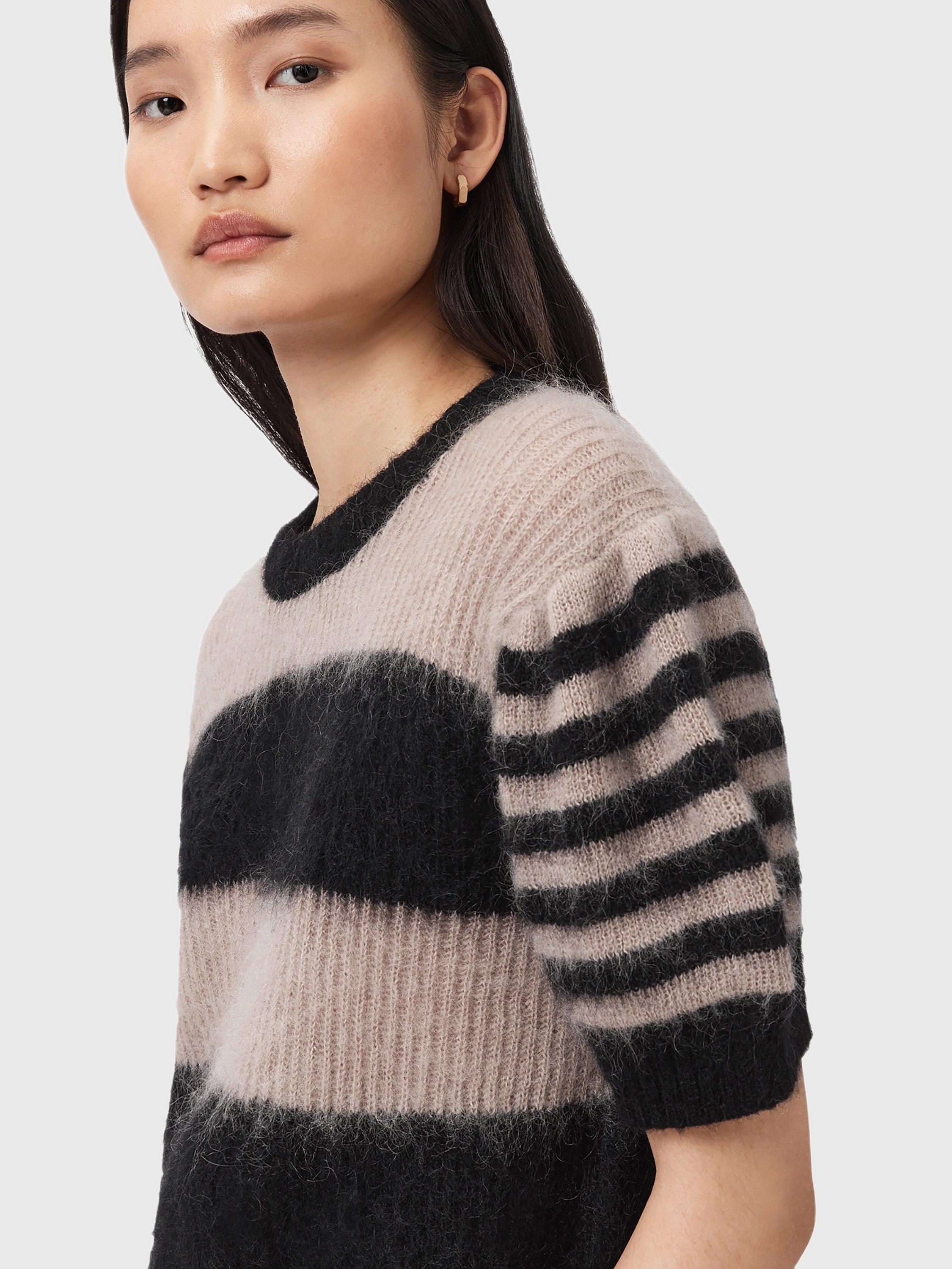 Product image 5 of 6, which shows AllSaints Clem Stripe Short Sleeve Mohair Wool Blend Jumper, Black/Beige, L