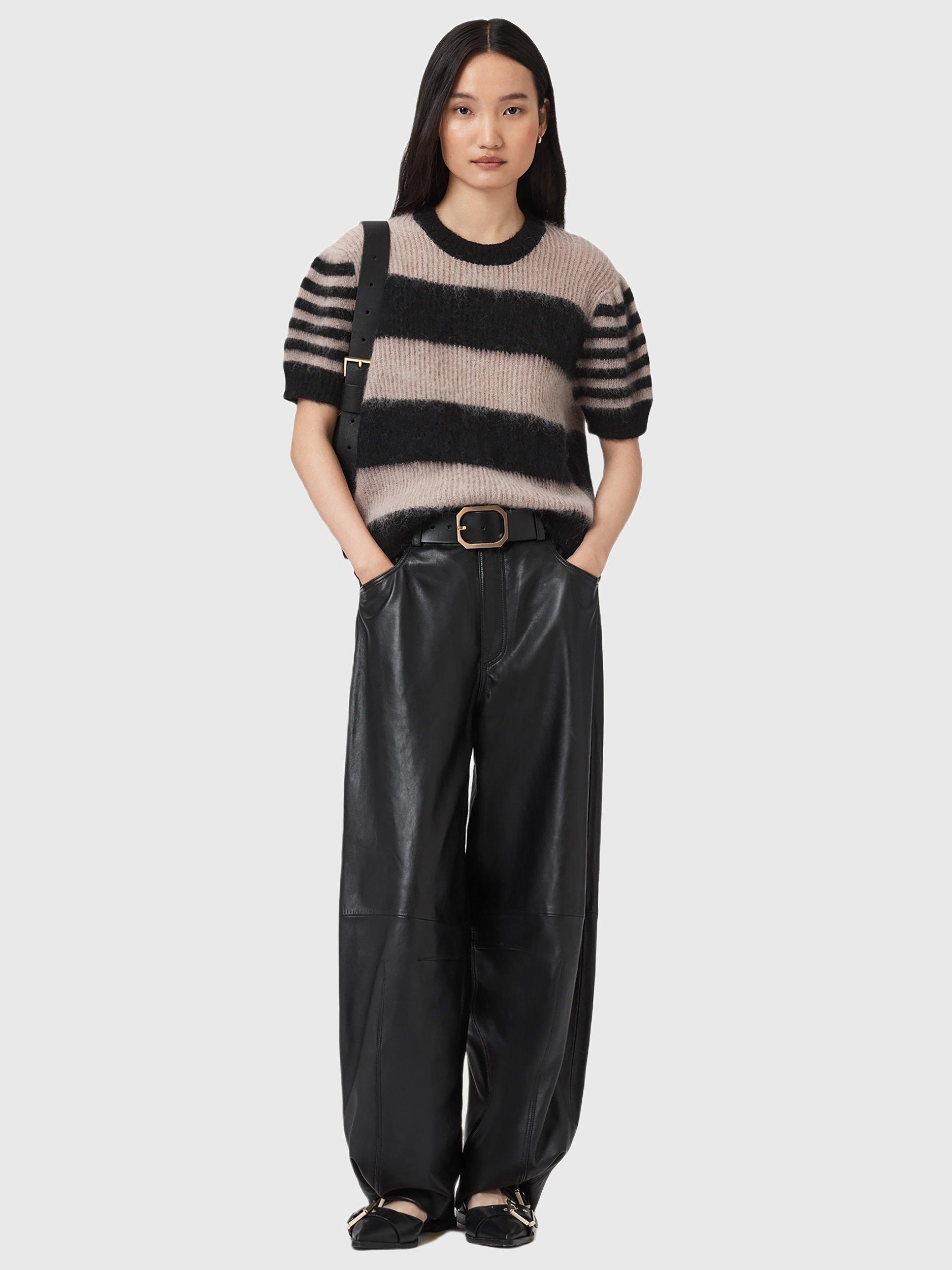 Product image 6 of 6, which shows AllSaints Clem Stripe Short Sleeve Mohair Wool Blend Jumper, Black/Beige, L