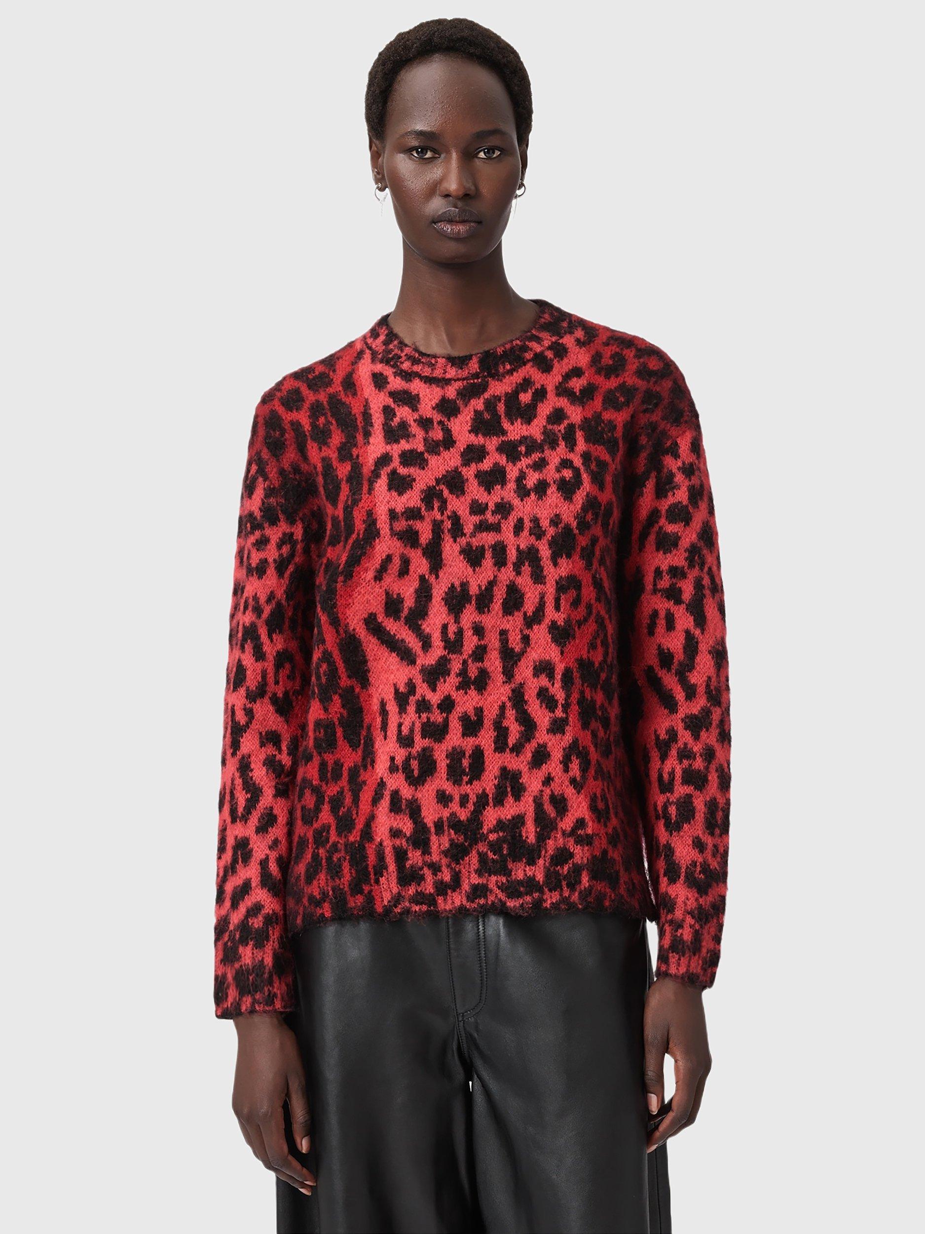 Product image 1 of 7, which shows AllSaints Lex Crew Neck Long Sleeve Jumper, Crimson Red/Black, S