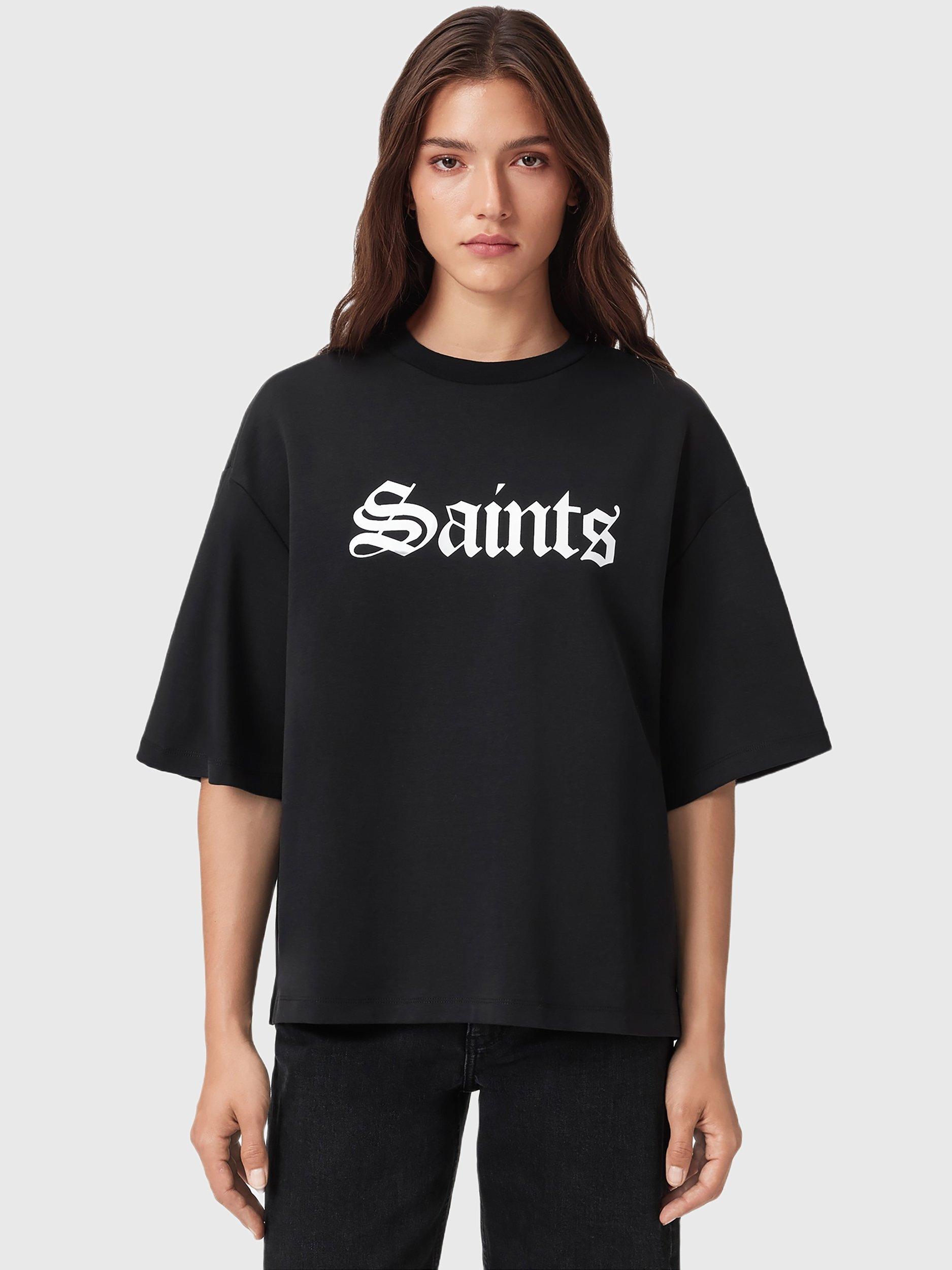 Product image 1 of 6, which shows AllSaints Saint Amelie Cotton T-Shirt, Black, L