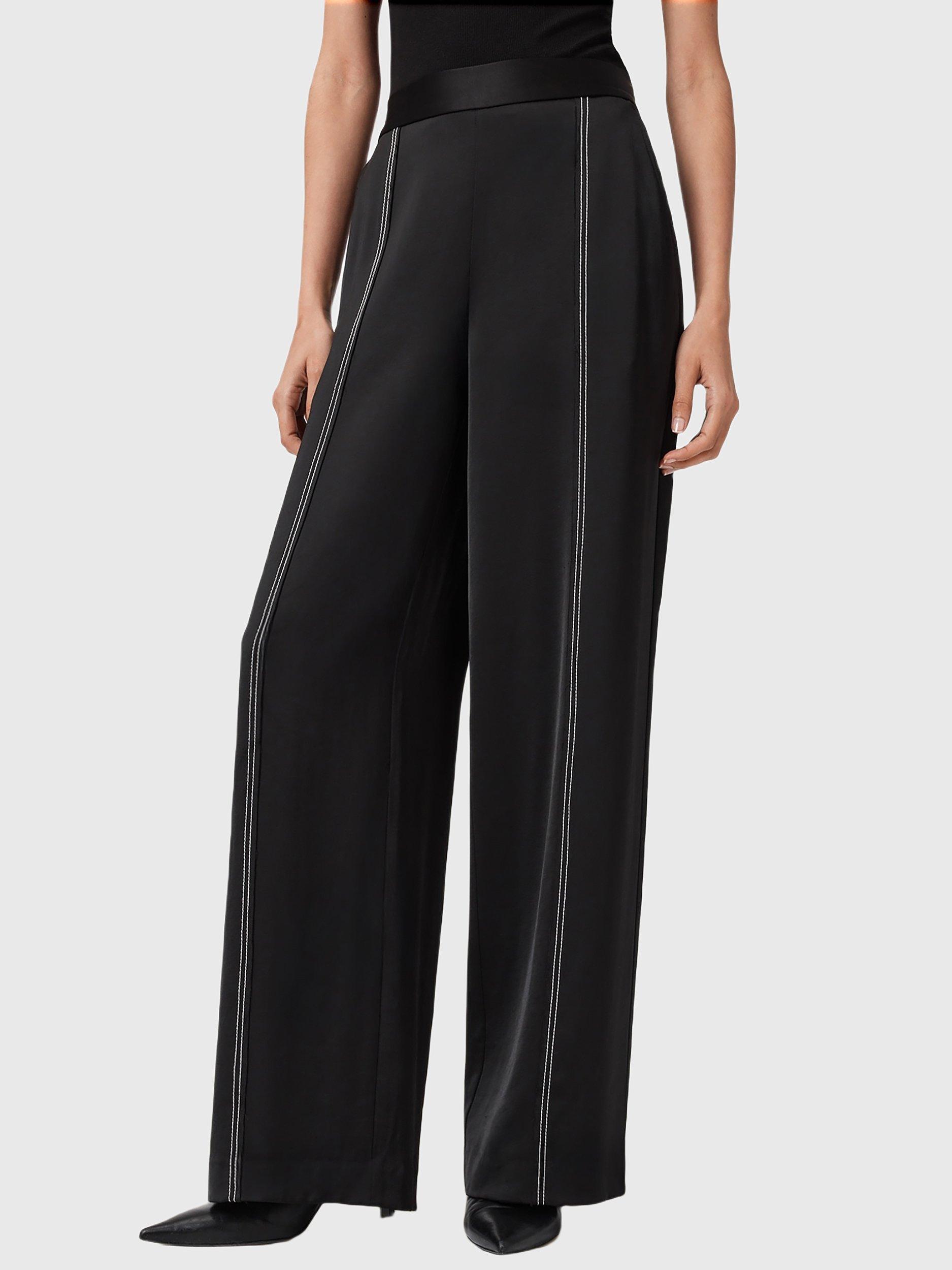 Product image 1 of 8, which shows AllSaints Theah Contrast Stitch Trousers, Black, 10