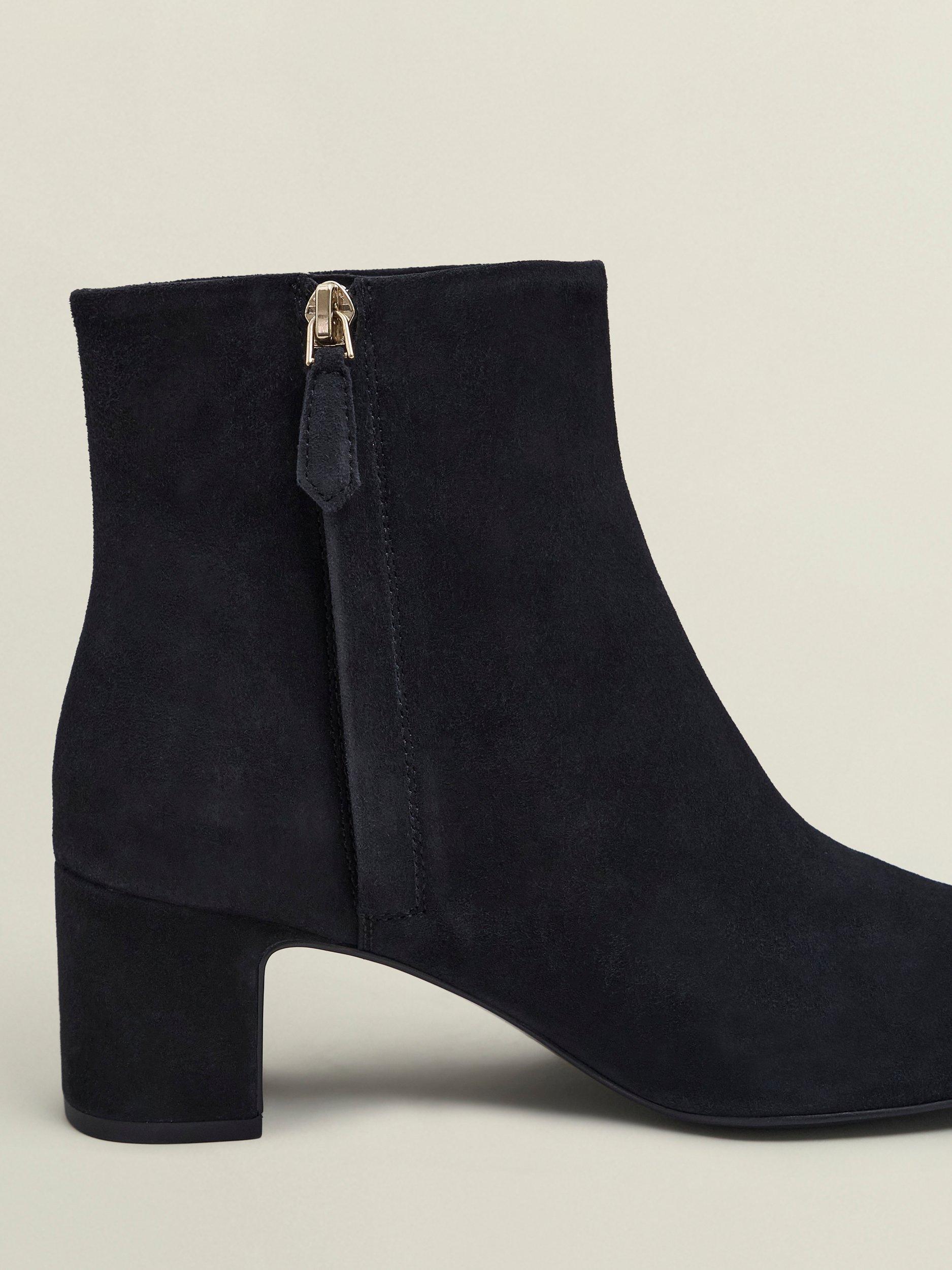 Product image 4 of 6, which shows Hobbs Rochelle Suede Heeled Ankle Boots, Black, 3